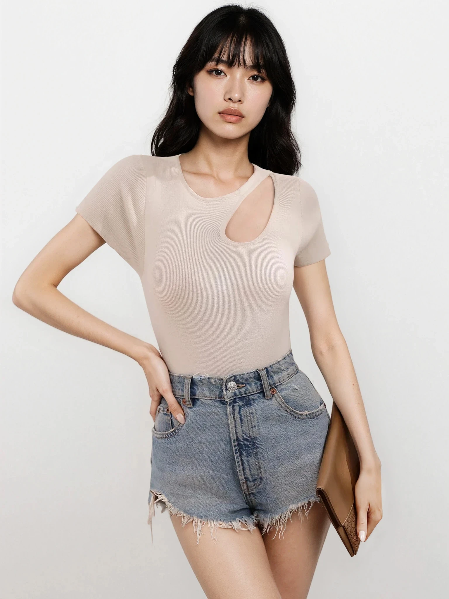 Light gray Luxe Cutout Round Neck Short Sleeve Knit Top by Trendsi, featuring a stylish cutout detail and a comfortable fit.