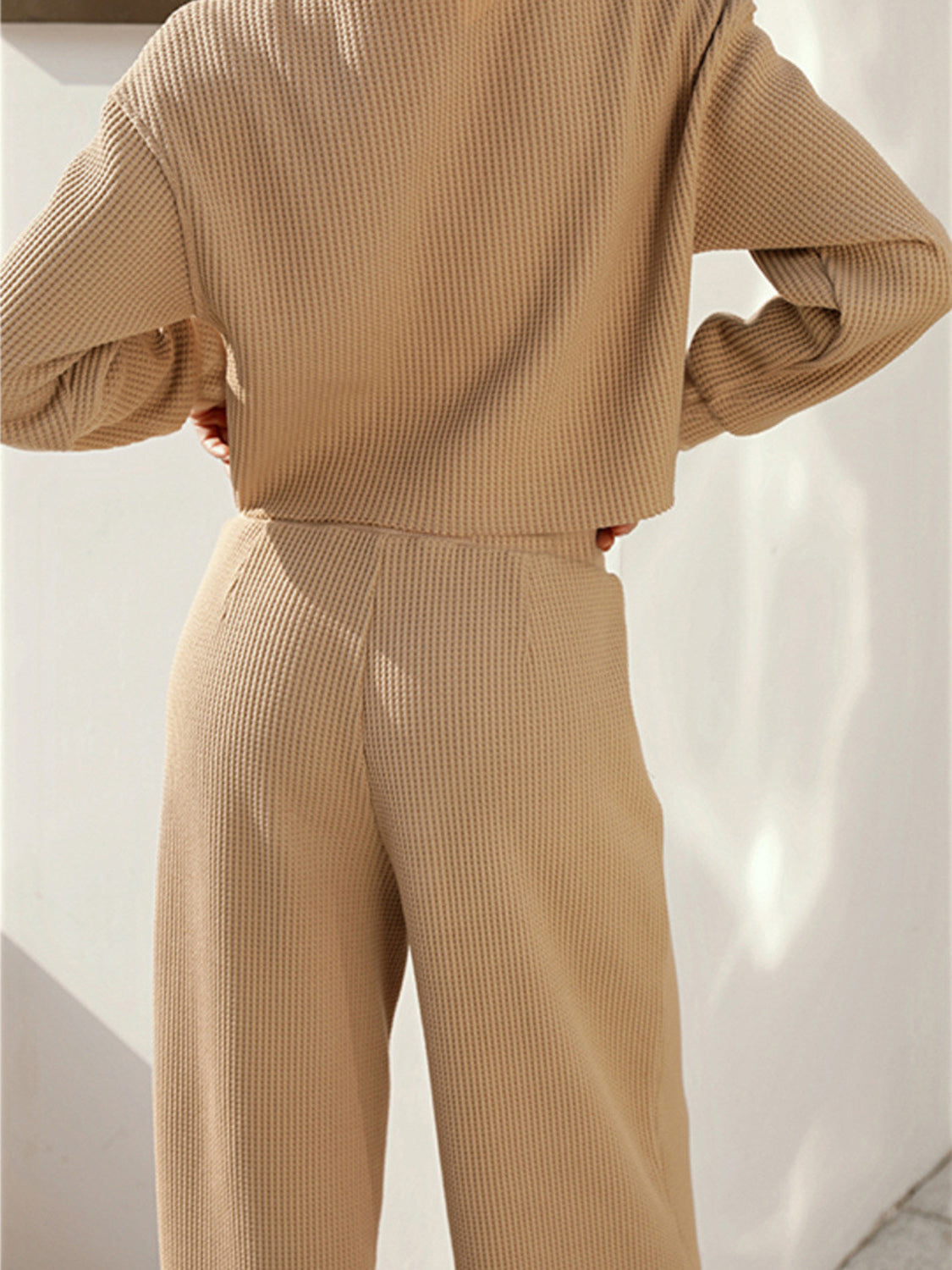 Waffle-Knit Crew Neck Top and Pant Set