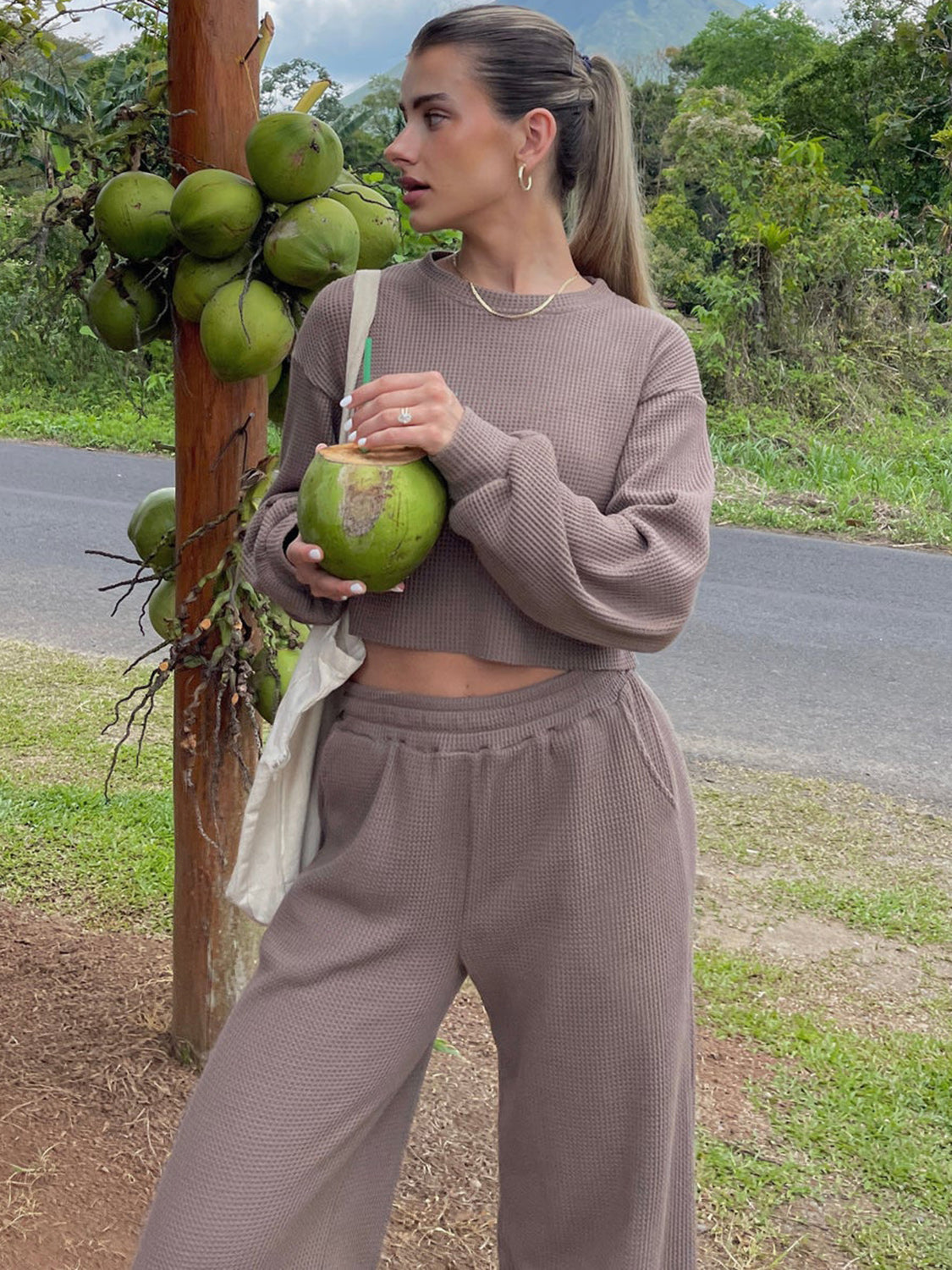 Waffle-Knit Crew Neck Top and Pant Set