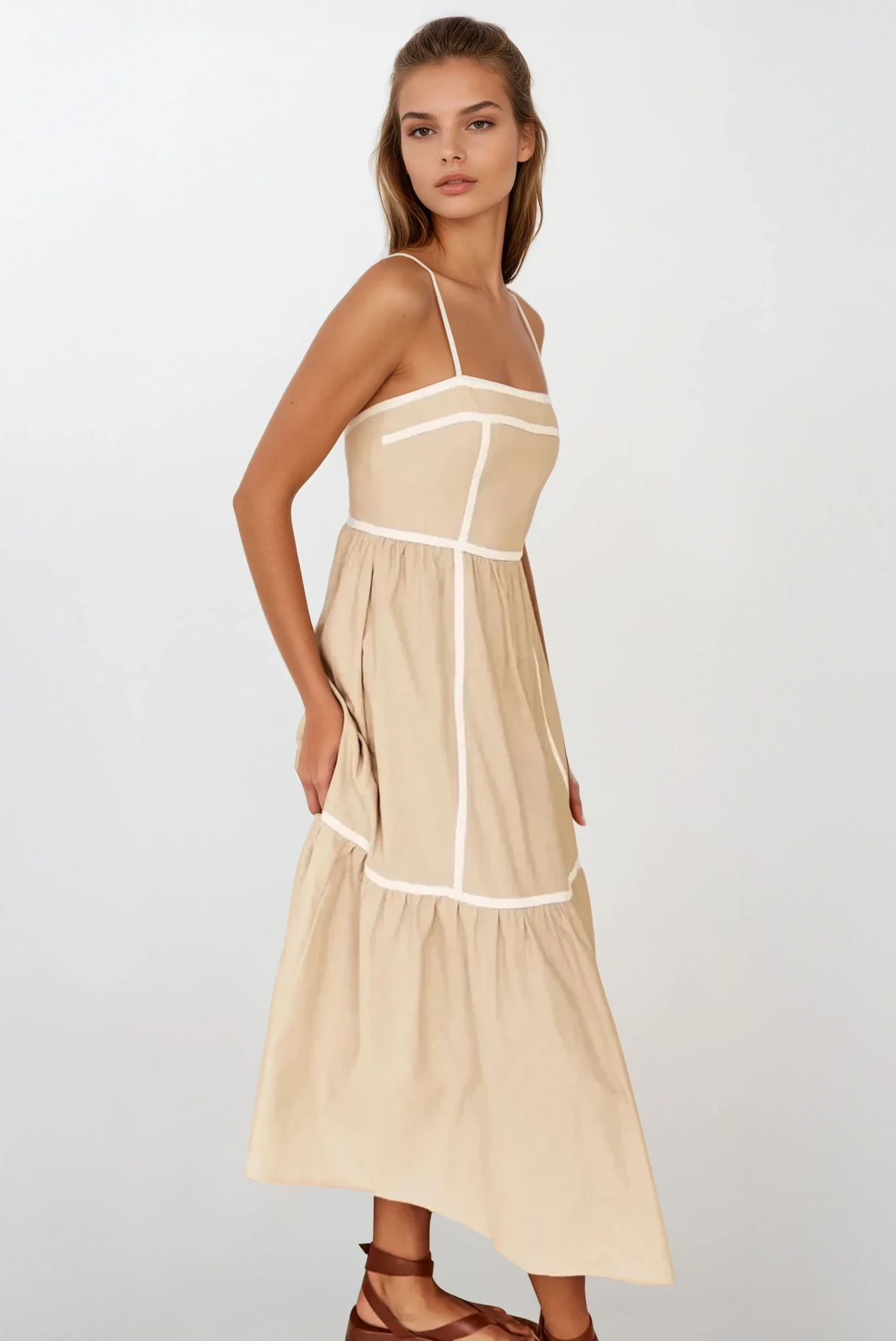 Light blue square neck ruched cami midi dress by Trendsi featuring a fitted silhouette and stylish design.
