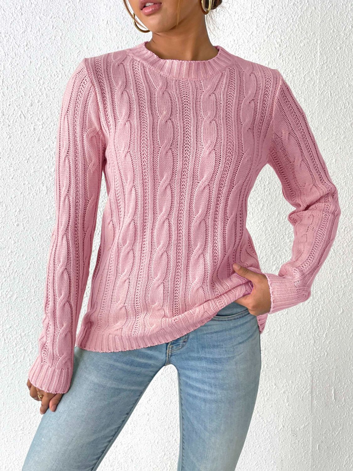 Clear Cable-Knit Crew Neck Sweater