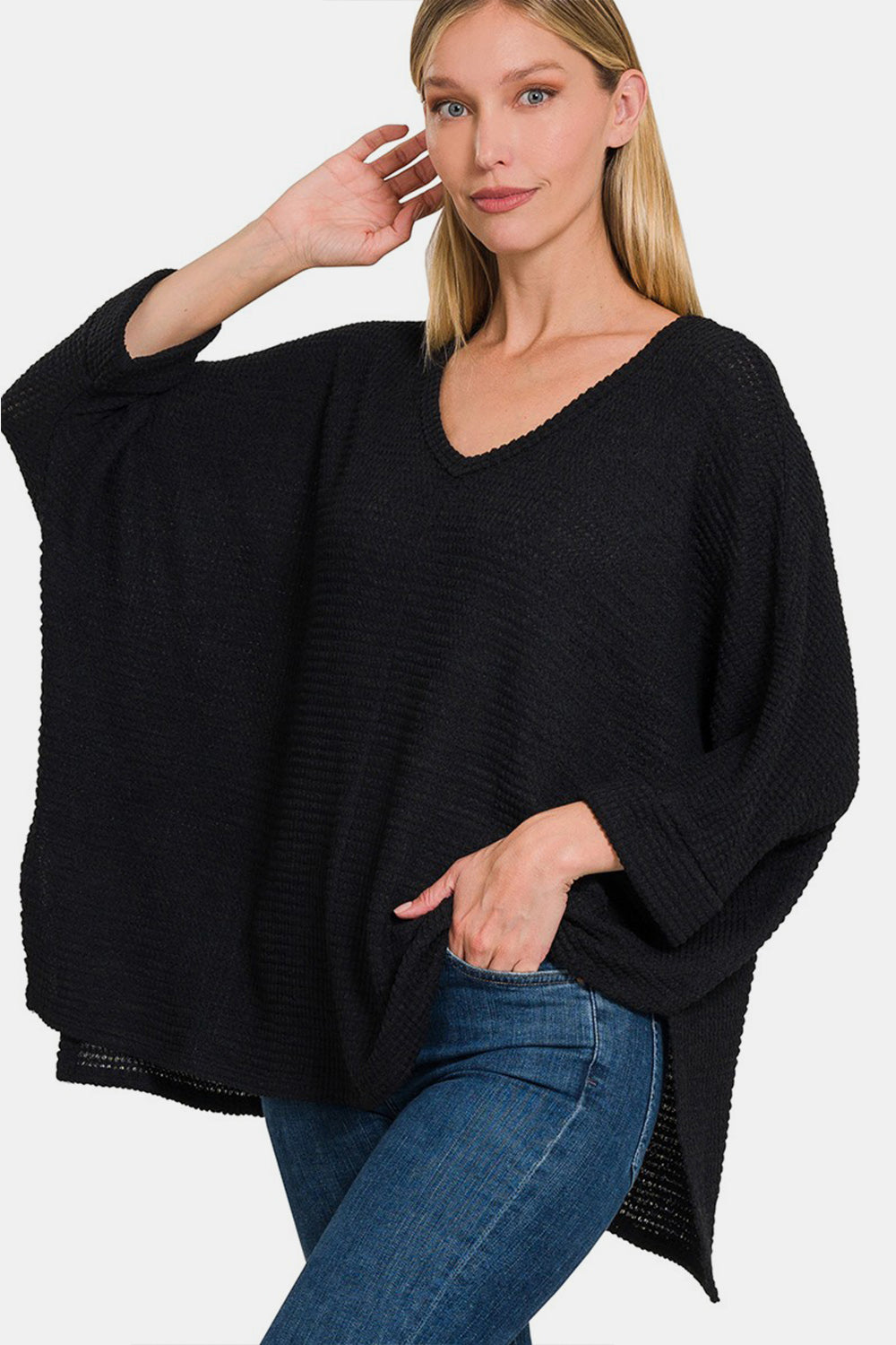 Cozy V-Neck Waffle-Knit Long Sleeve Top