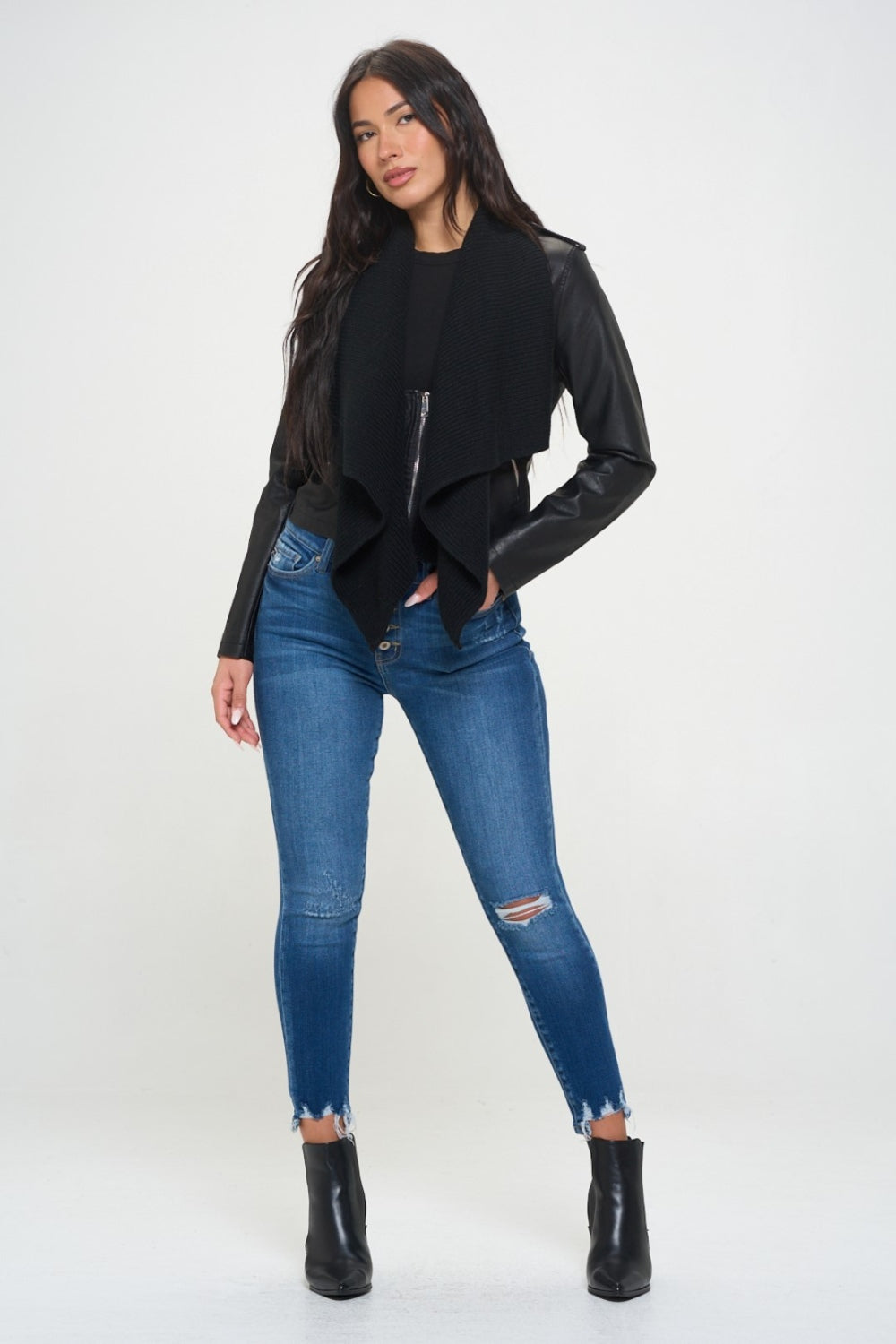 Faux Leather Knit Cropped Jacket