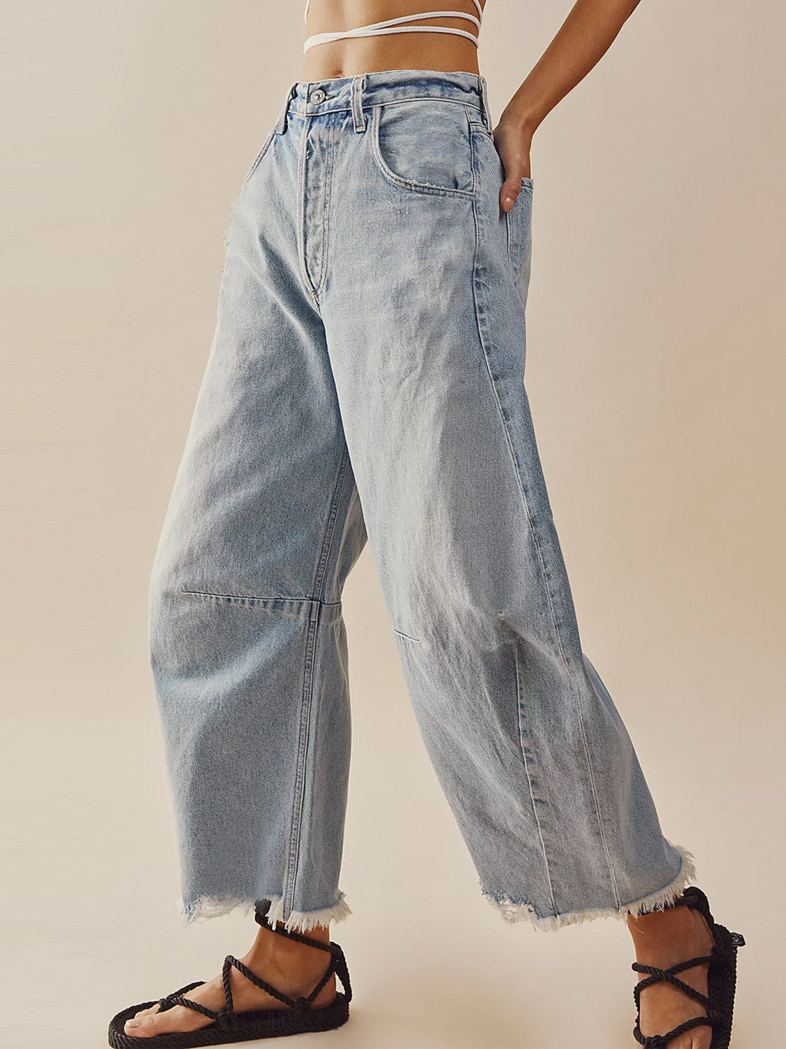 Stitched Raw Hem Wide Leg Jean