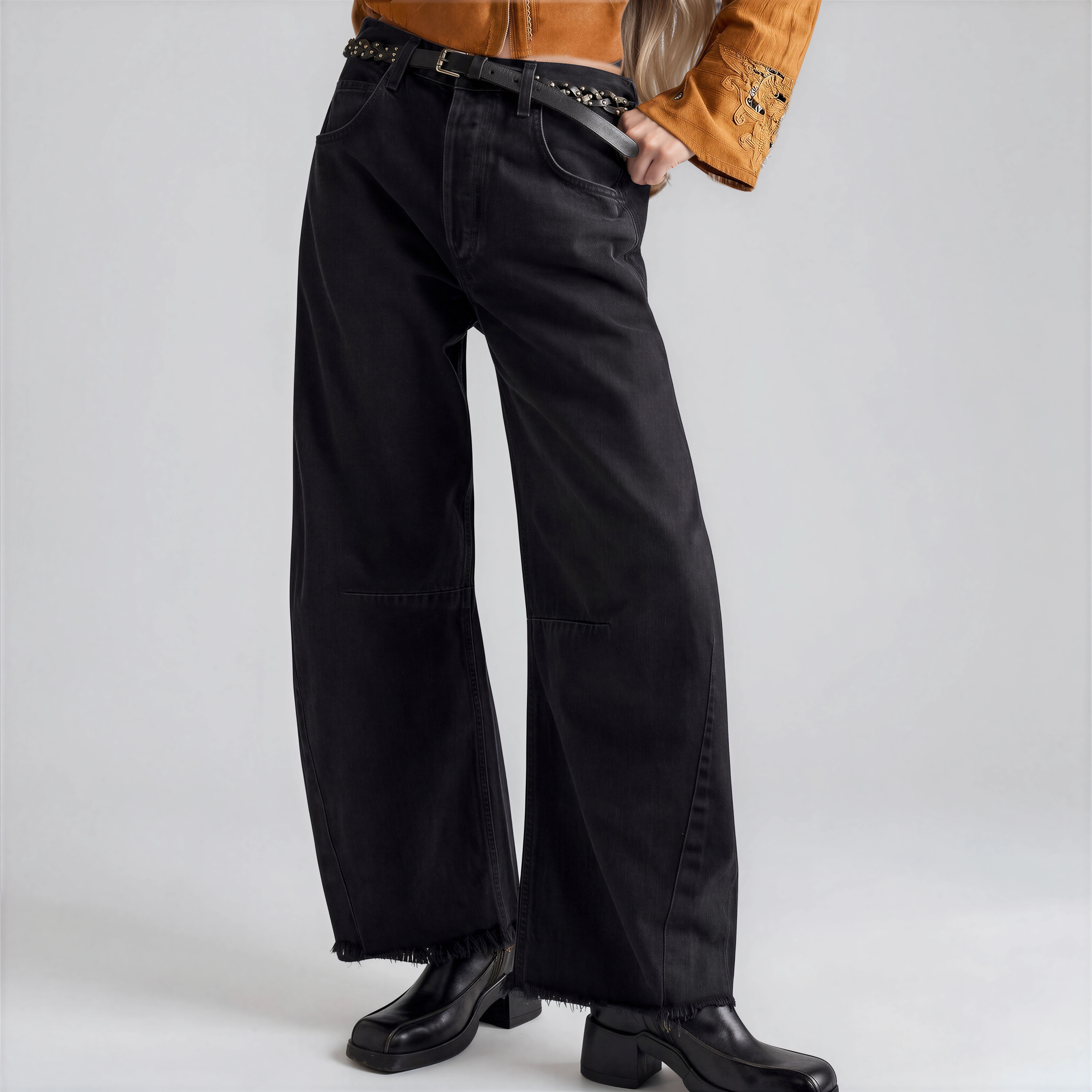 Stitched Raw Hem Wide Leg Jean