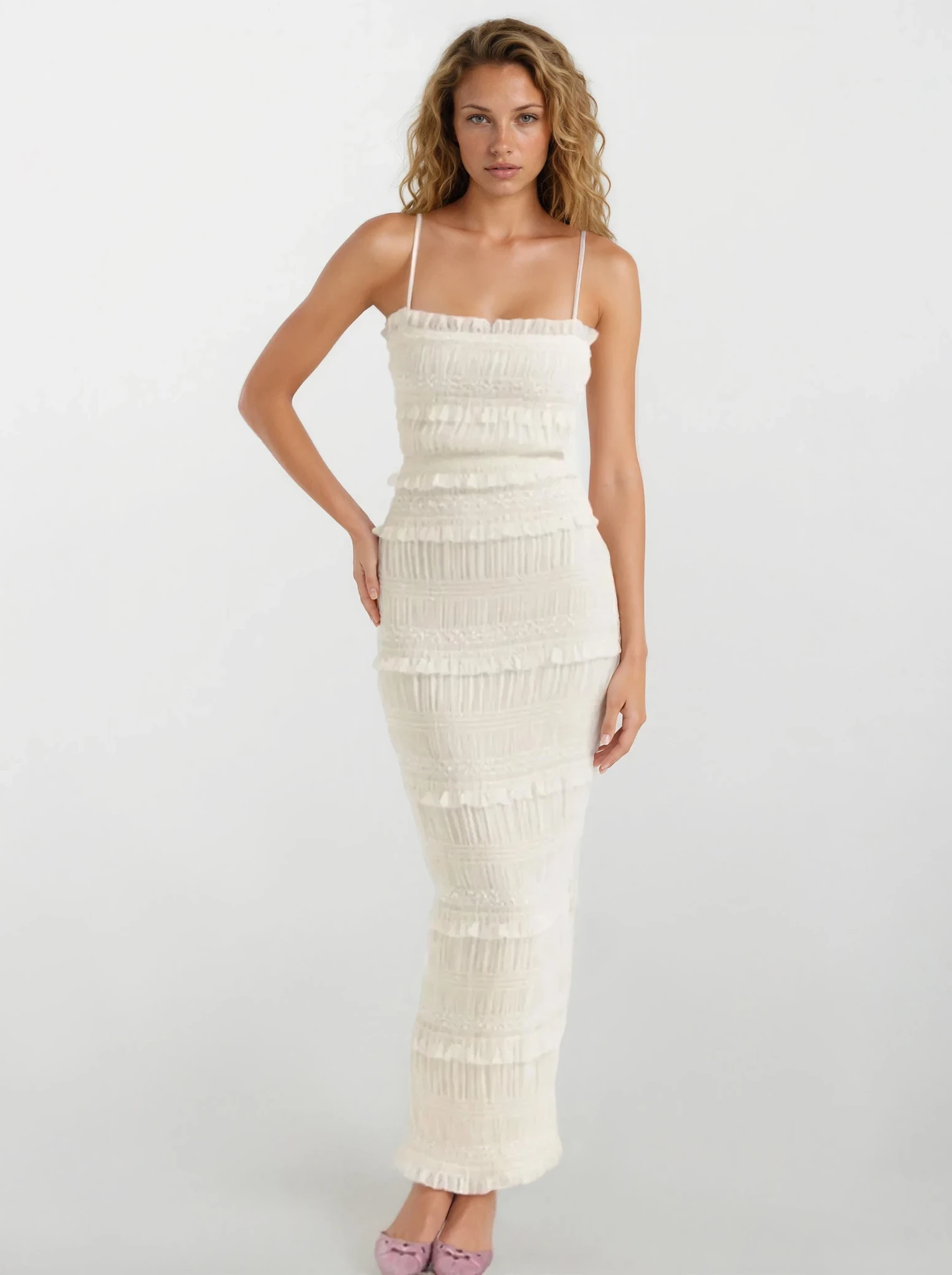 Sensual Frill Tiered Maxi Cami Dress on model: white, cascading frills, ruching, slim straps.