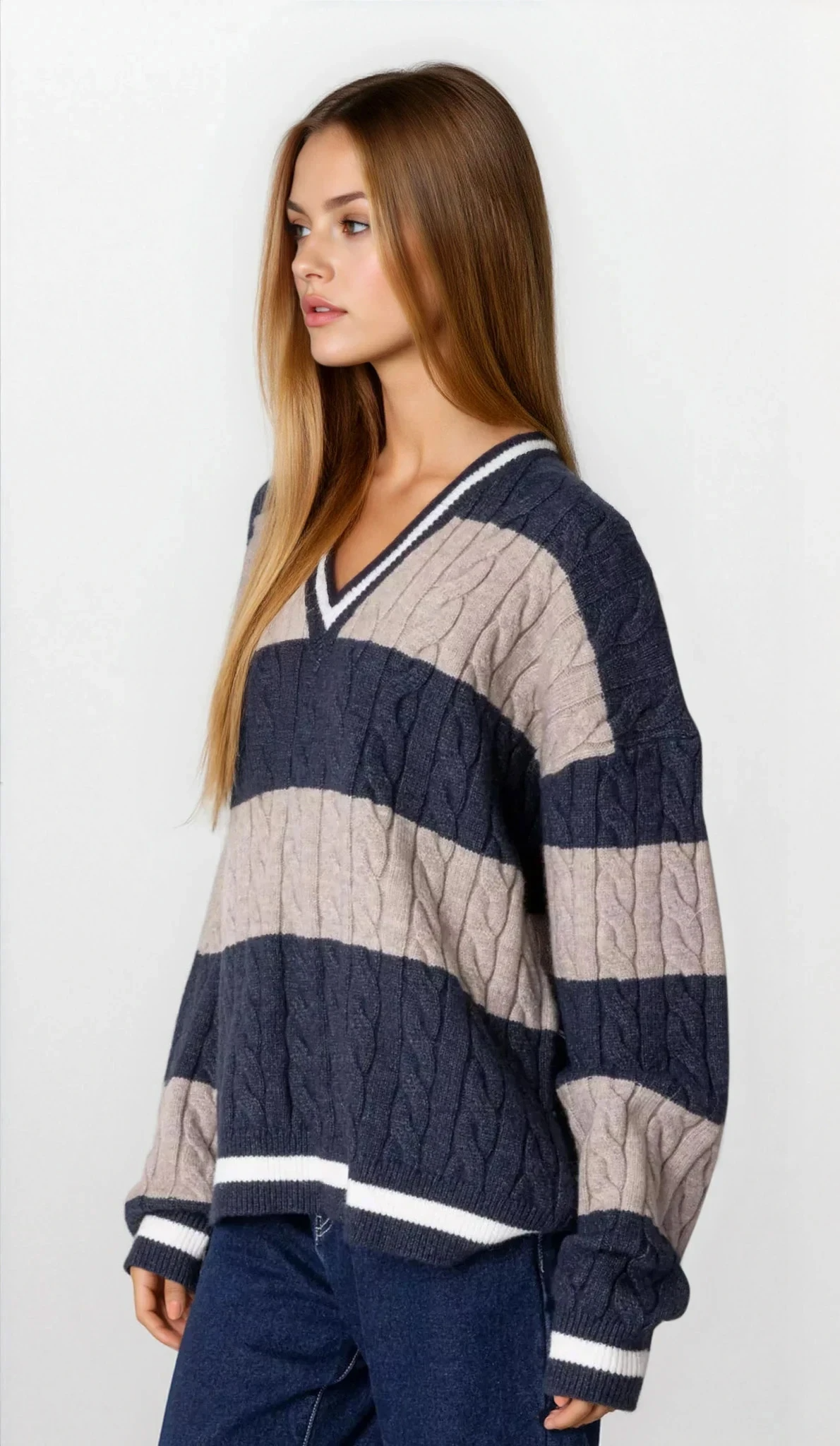 Oversized Striped Cable Knit V-Neck Sweater