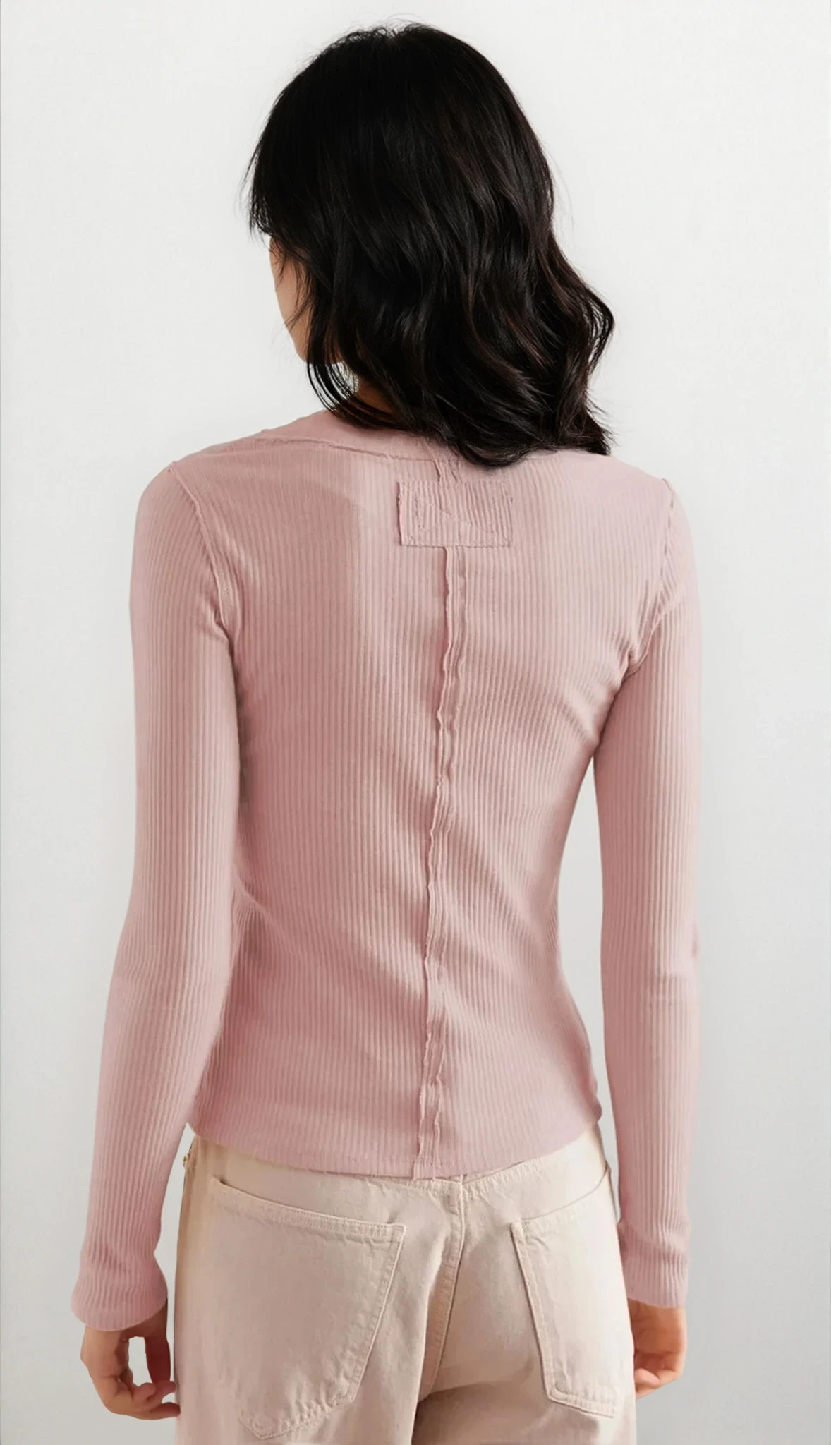 Light blue retro rib-knit round neck button-down long sleeve shirt from Trendsi, featuring a classic fit and stylish design.