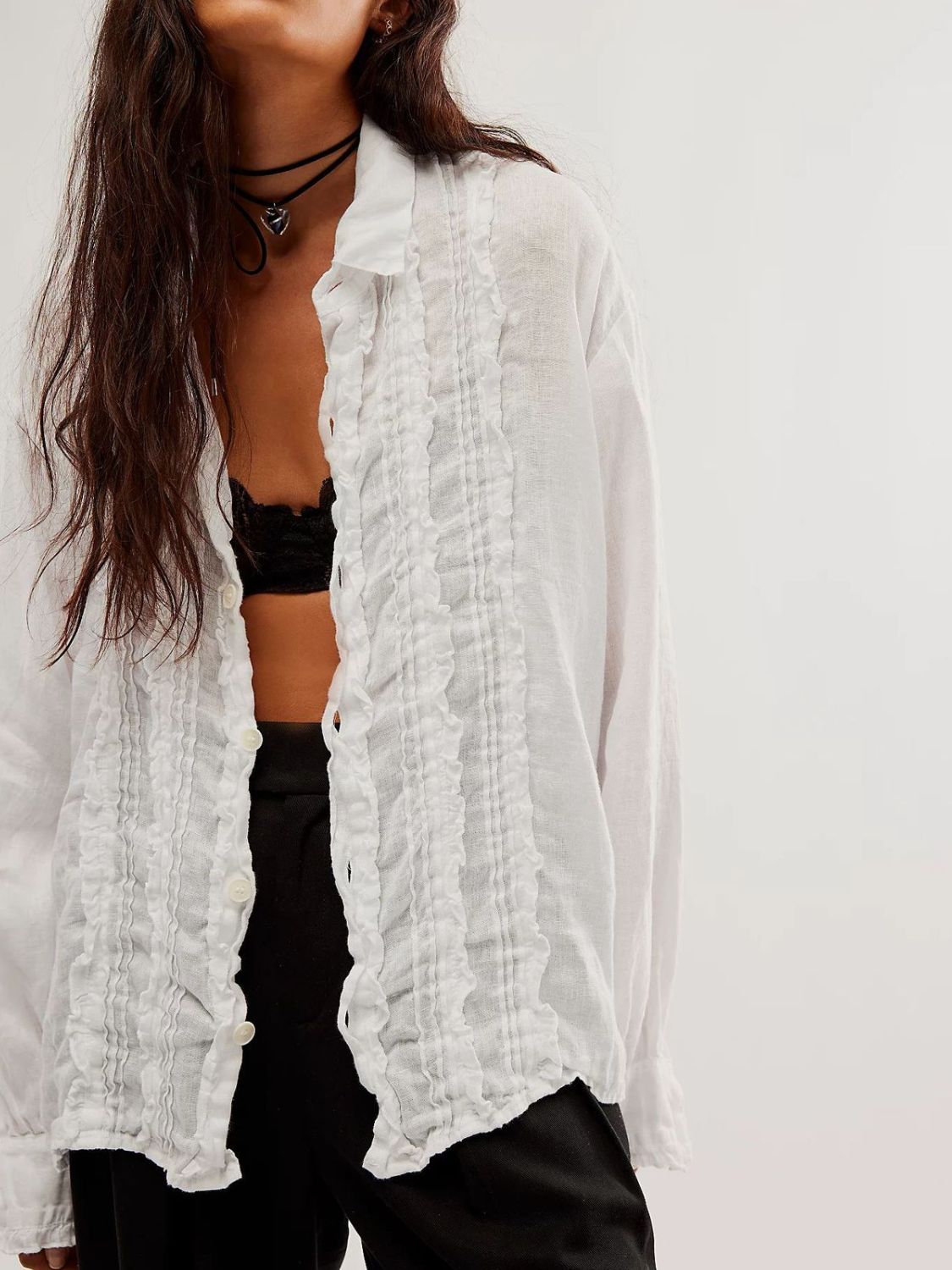 Frill Ruched Collared Neck Long Sleeve