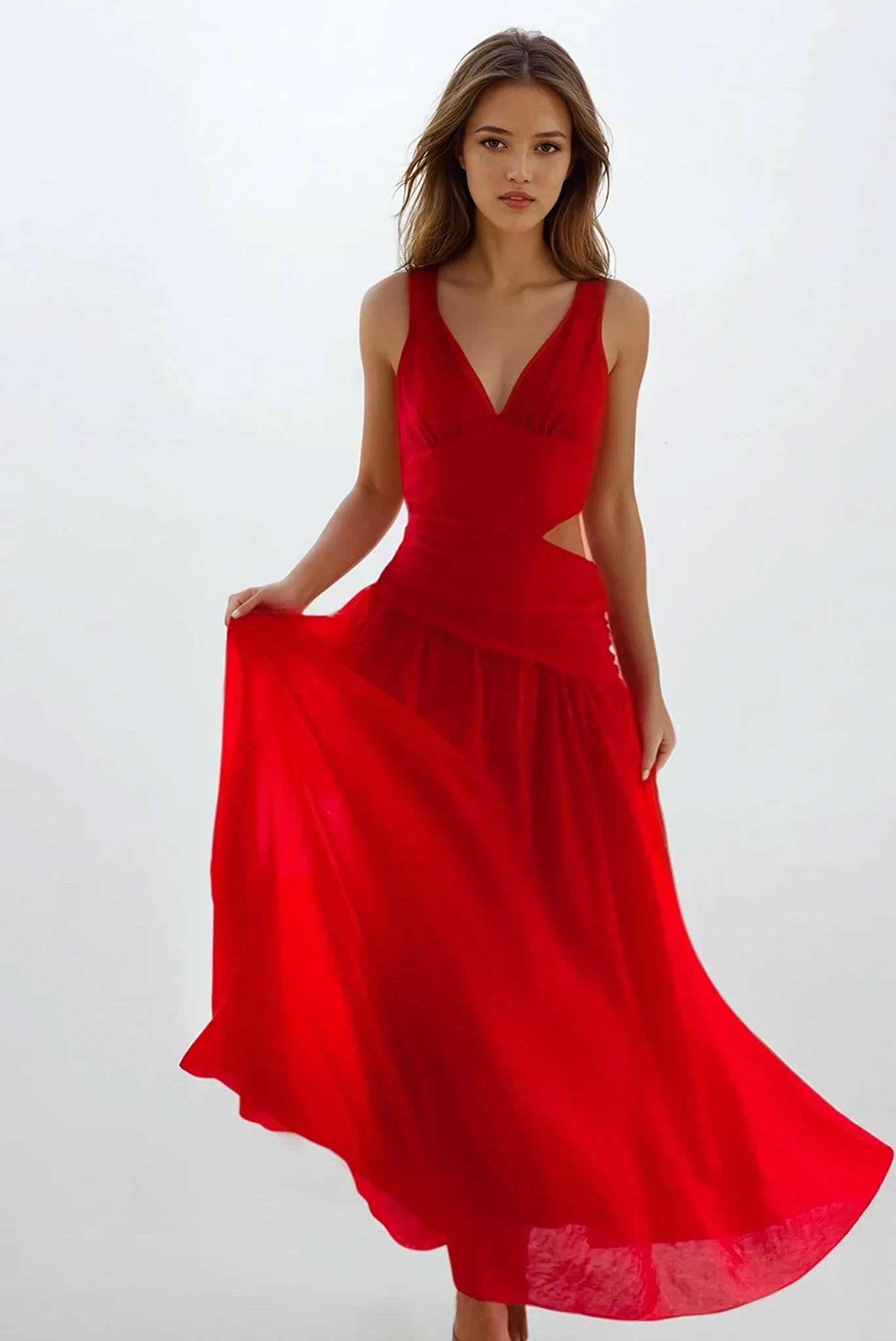 Light blue Slipstream cutout V-neck sleeveless maxi dress from Trendsi, featuring a flowing silhouette and stylish cutout details.
