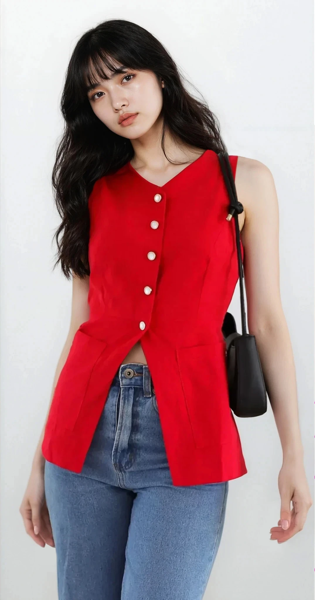 Light blue Trace Button Down V-Neck Vest by Trendsi, stylish clothing with a button-front design and V-neck collar.