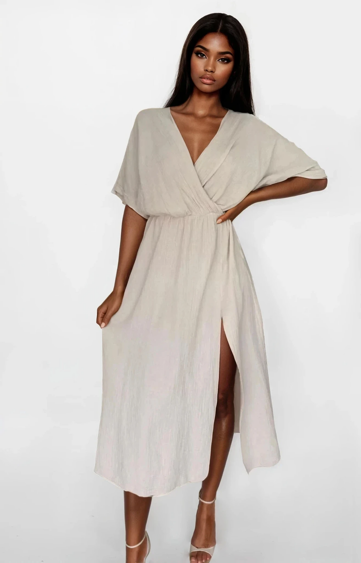Aurelia slit half sleeve midi dress with surplice neck and leg slit