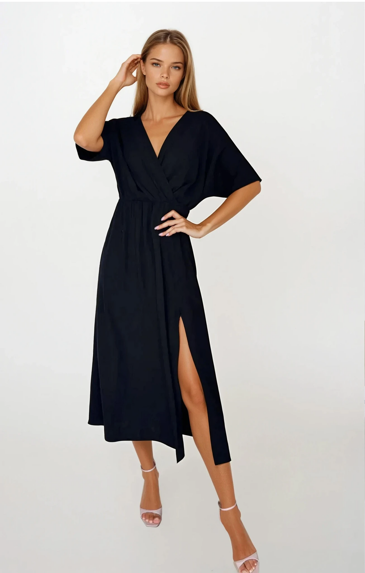 Aurelia slit half sleeve midi dress with surplice neck and leg slit