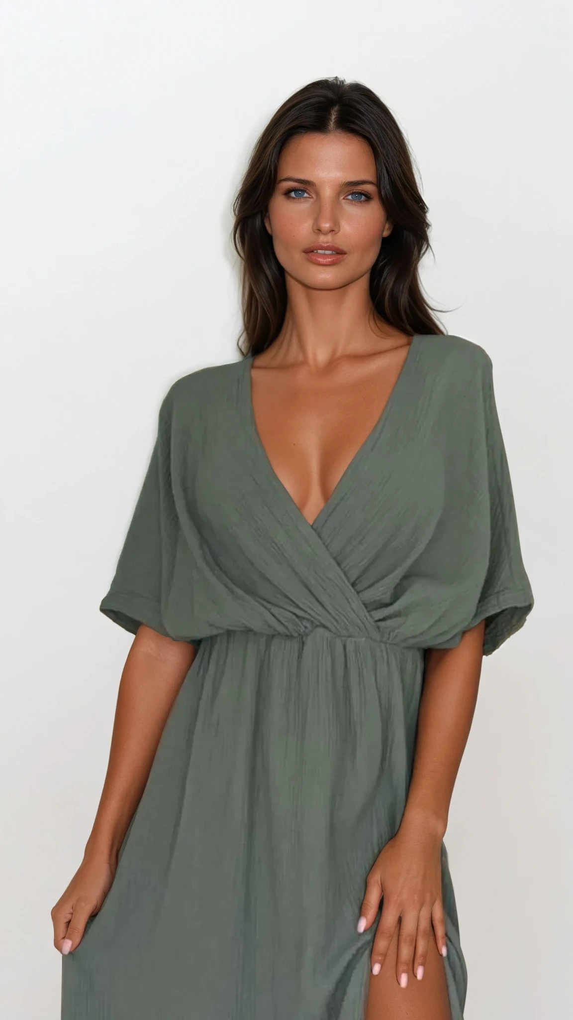 Aurelia slit half sleeve midi dress with surplice neckline and leg slit
