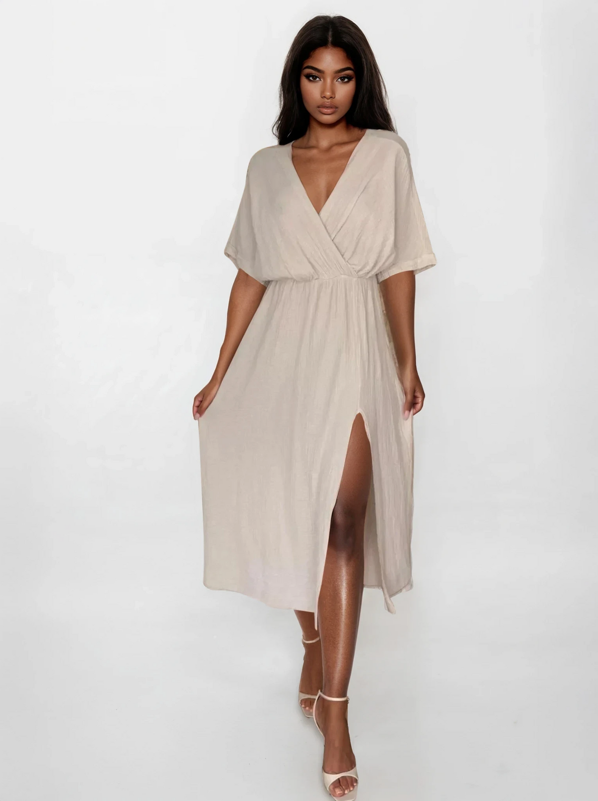 Aurelia slit half sleeve midi dress with surplice neck and leg slit