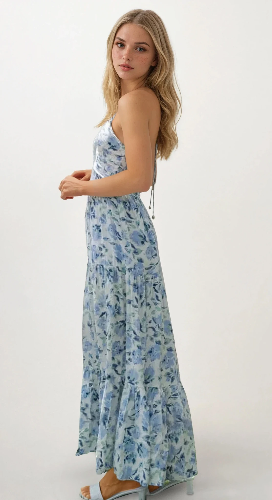Aven halter neck cami maxi dress with ruched silhouette and floral pattern