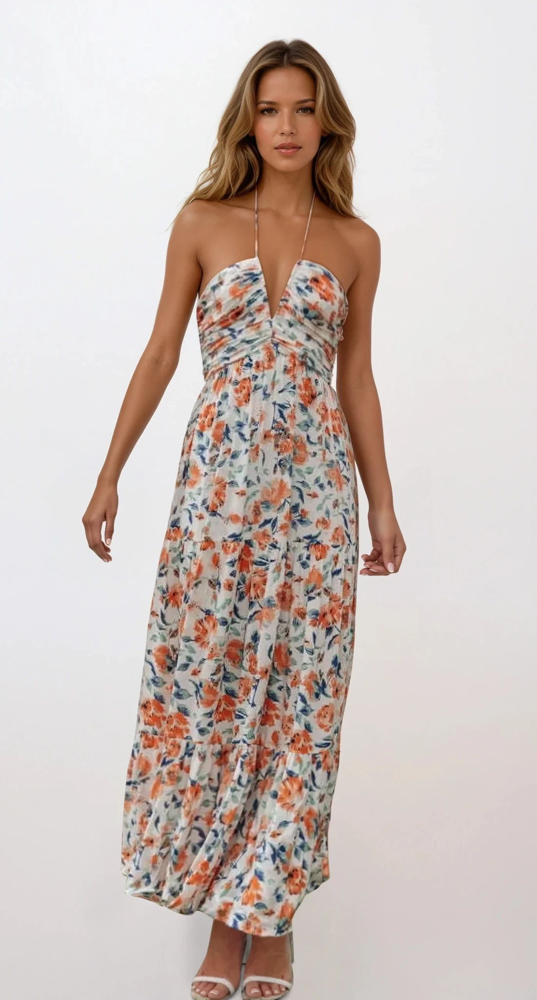 Aven halter neck cami maxi dress with floral pattern and ruched silhouette