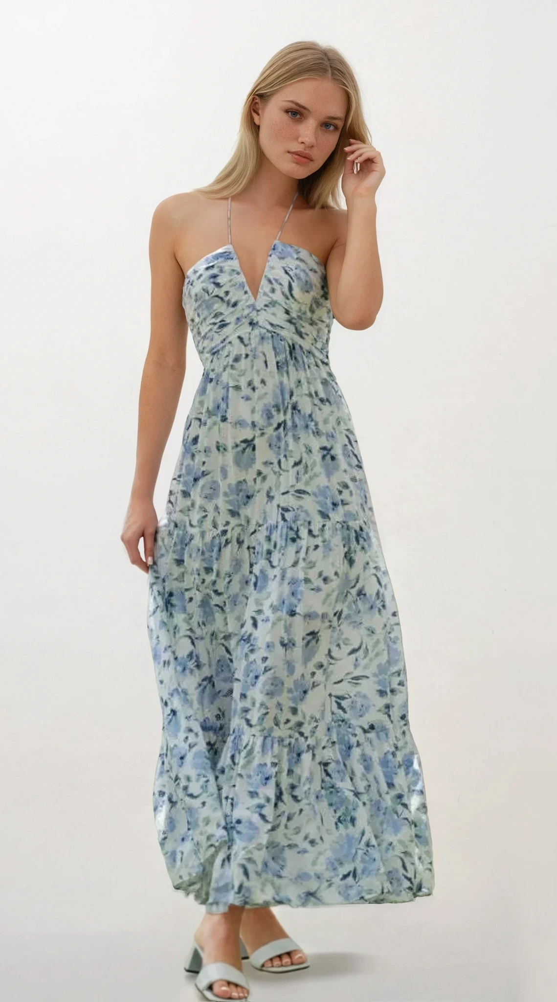 Aven halter neck cami maxi dress with floral pattern and ruched silhouette
