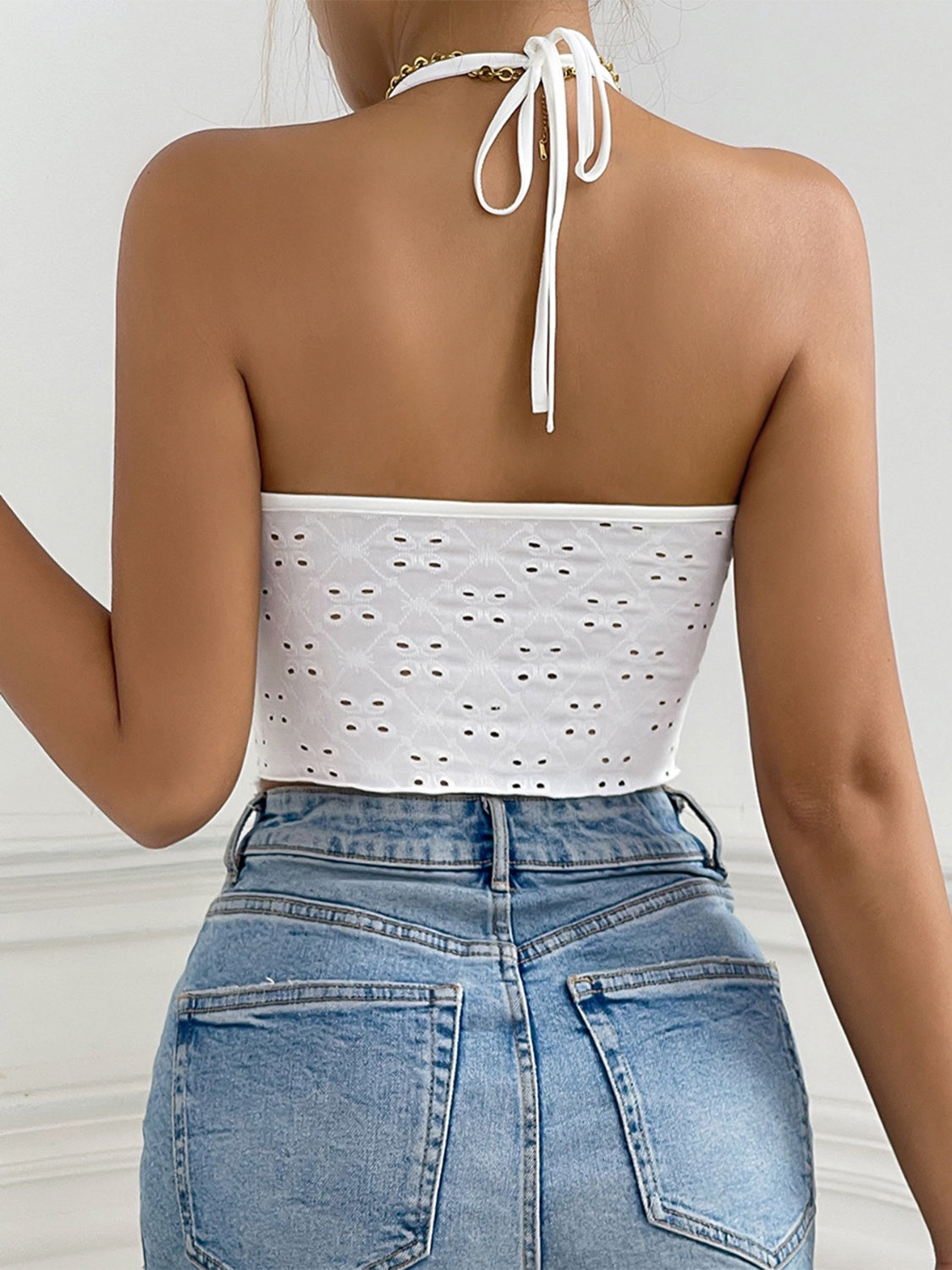 Ruched Eyelet Halter Neck Cami