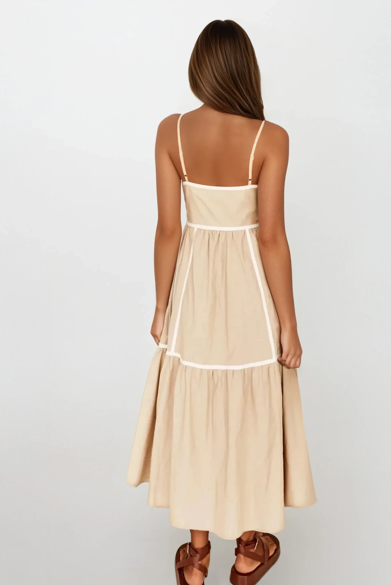 Light blue square neck ruched cami midi dress from Trendsi, featuring a fitted bodice and elegant midi length.