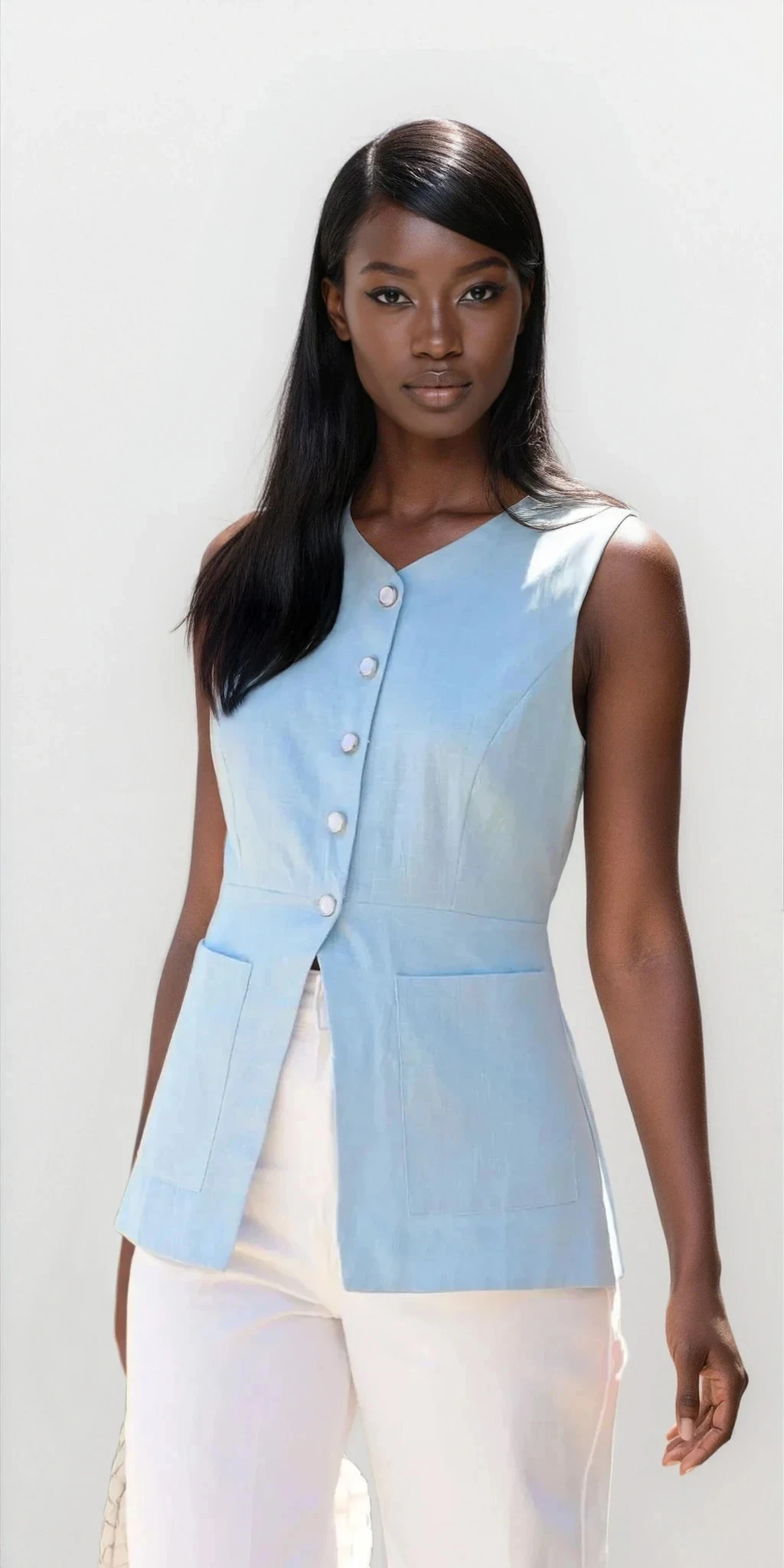 Light blue Trace Button Down V-Neck Vest by Trendsi, casual clothing with a button-front design and V-neck style.