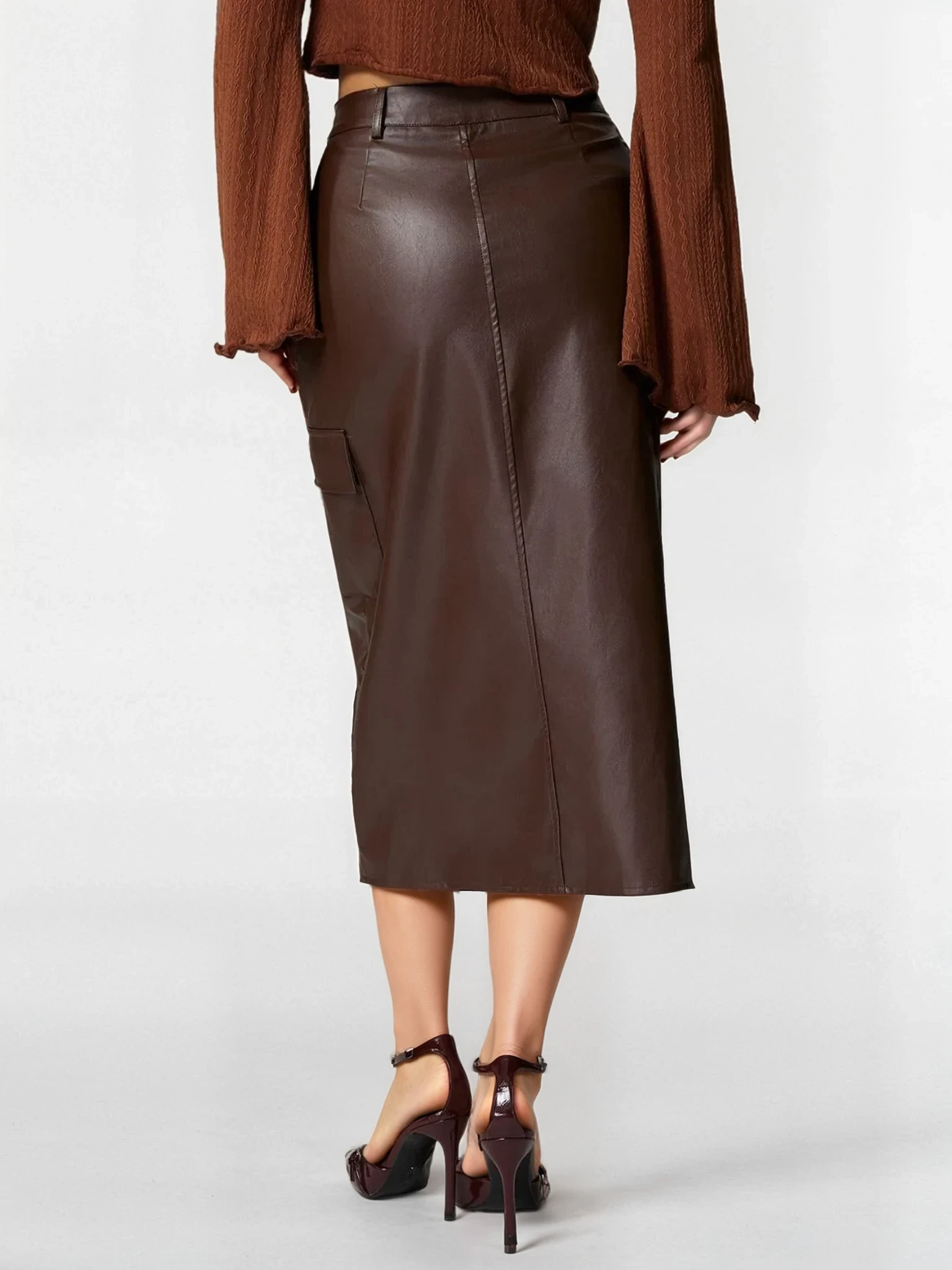 Faux Leather High-Waist Cargo Slit Midi Skirt