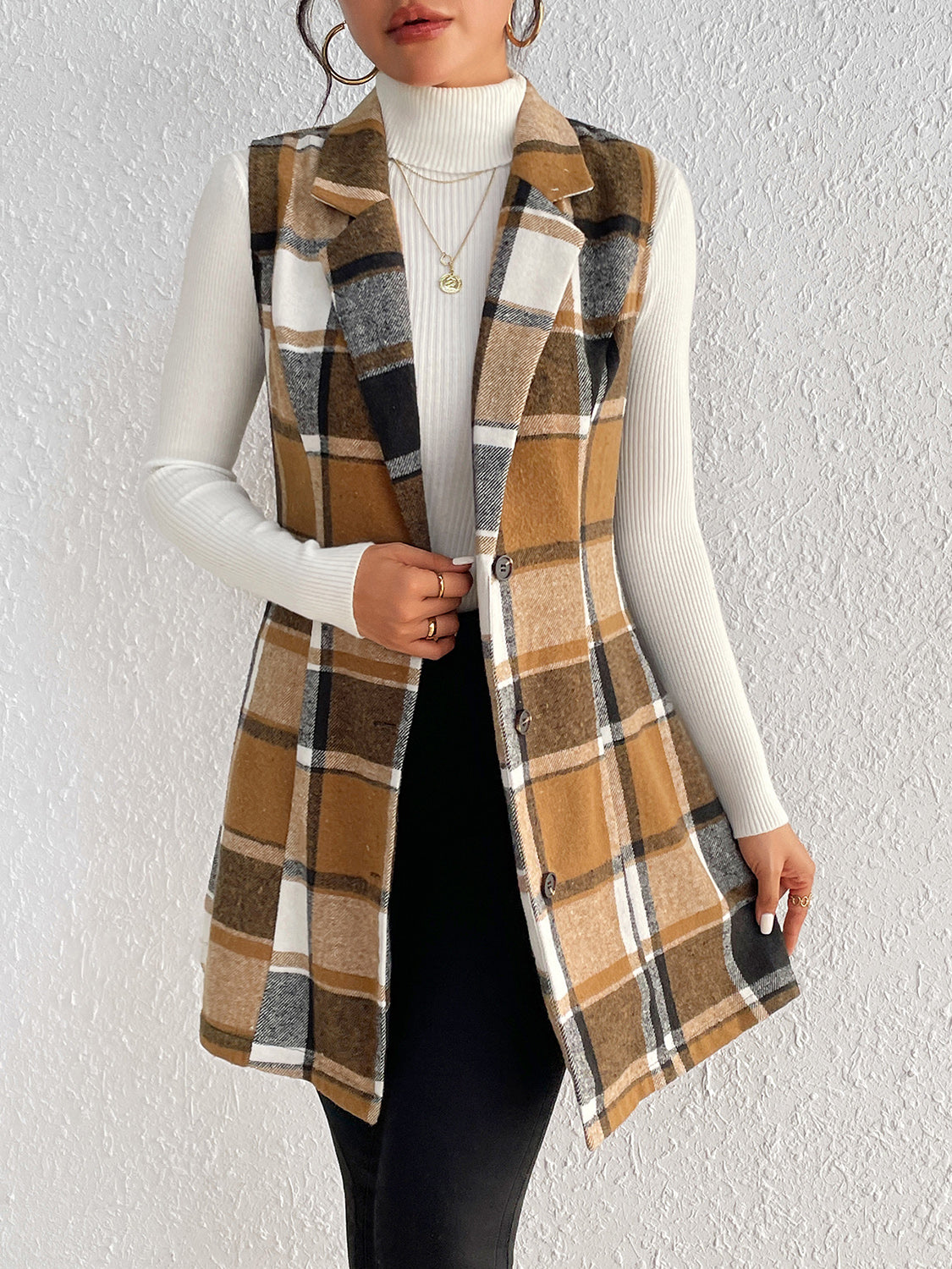 Cinnamon Plaid Lapel Collar Vest