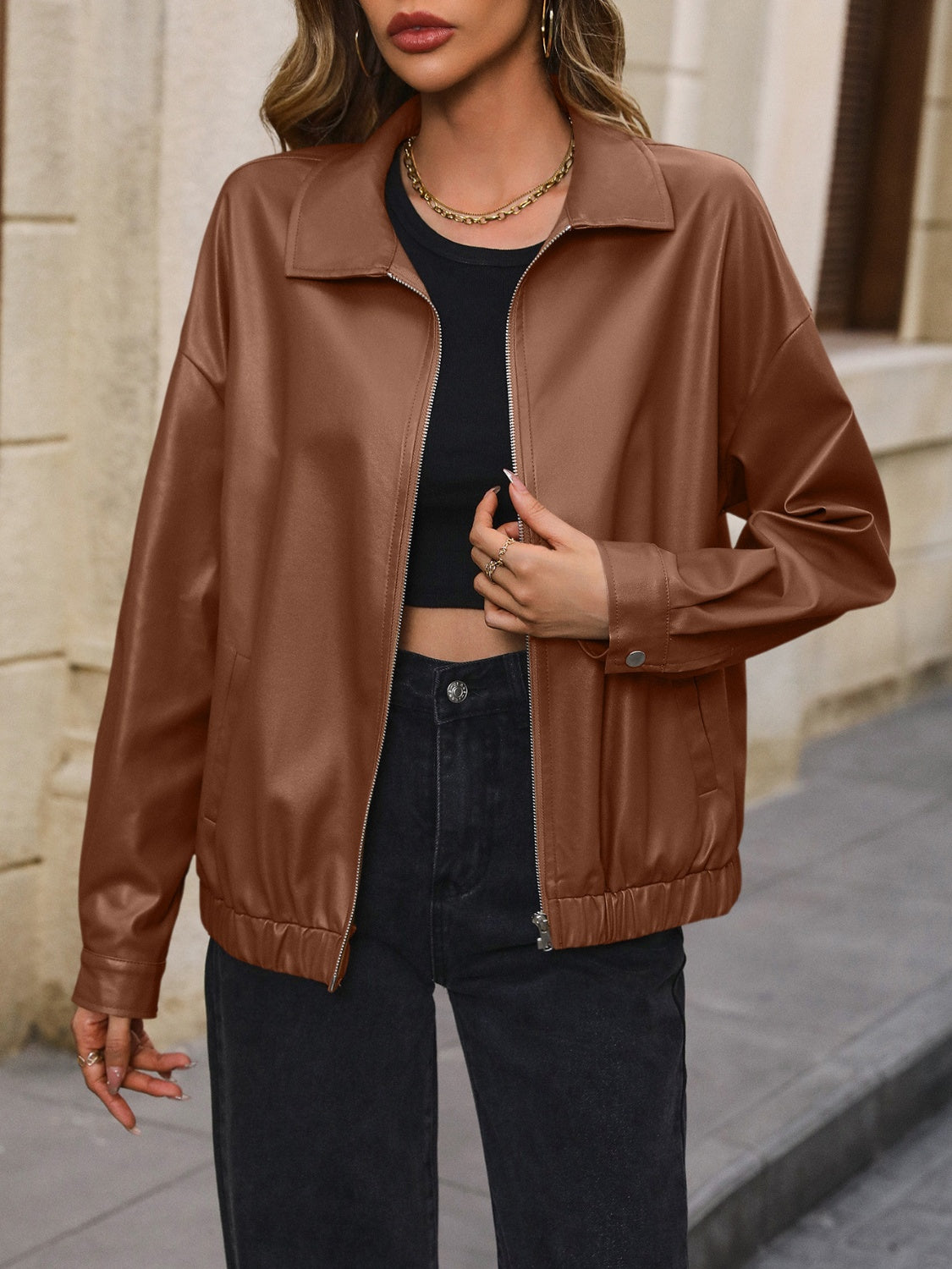 Faux Leather Collared Full Zip Jacket