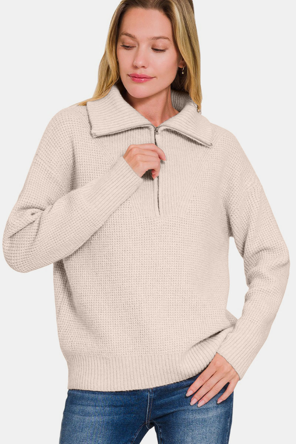 Real Rib-Knit Half Zip Sweater