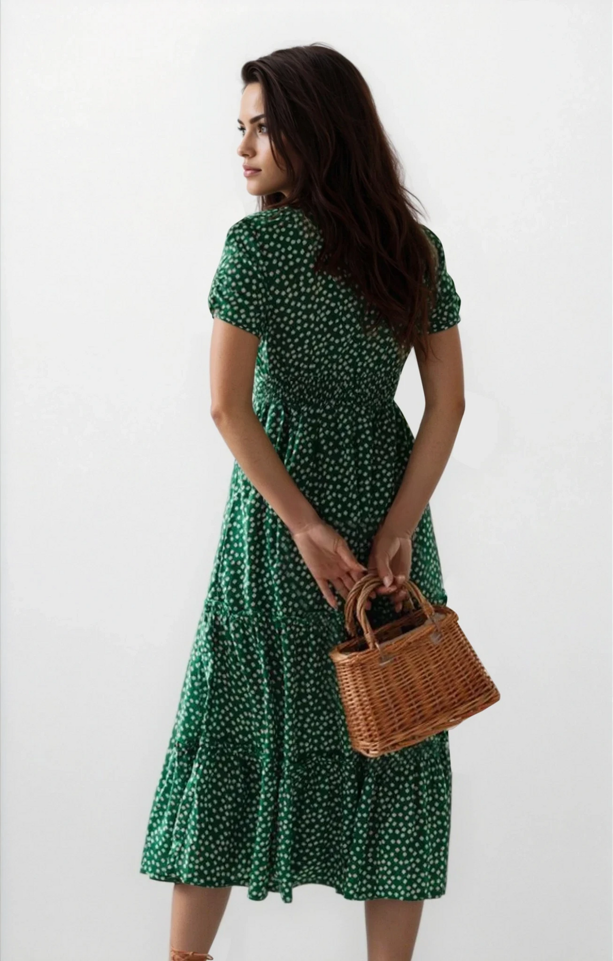 Blossom square neck midi dress with floral pattern and frill details