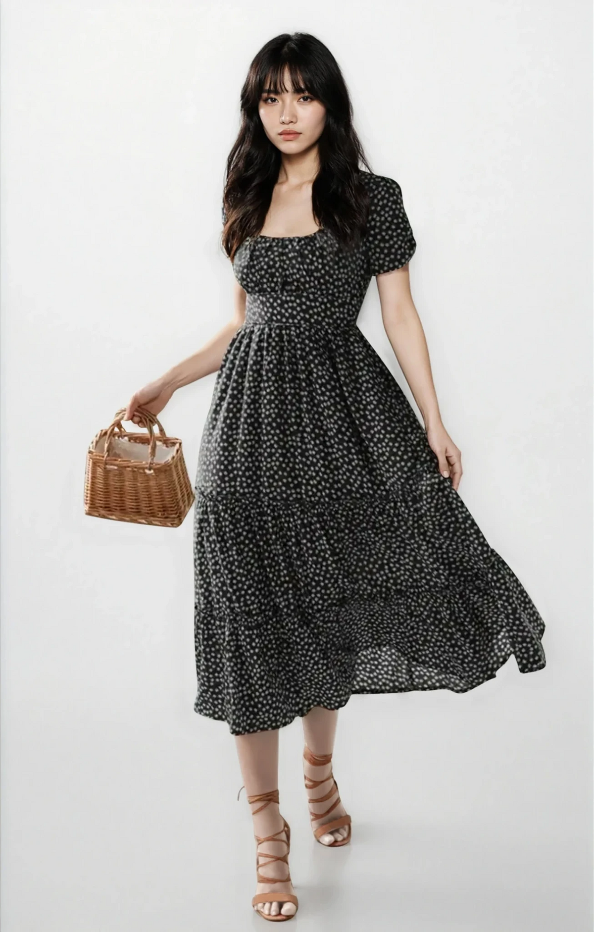 Blossom square neck midi dress with floral pattern and frill details