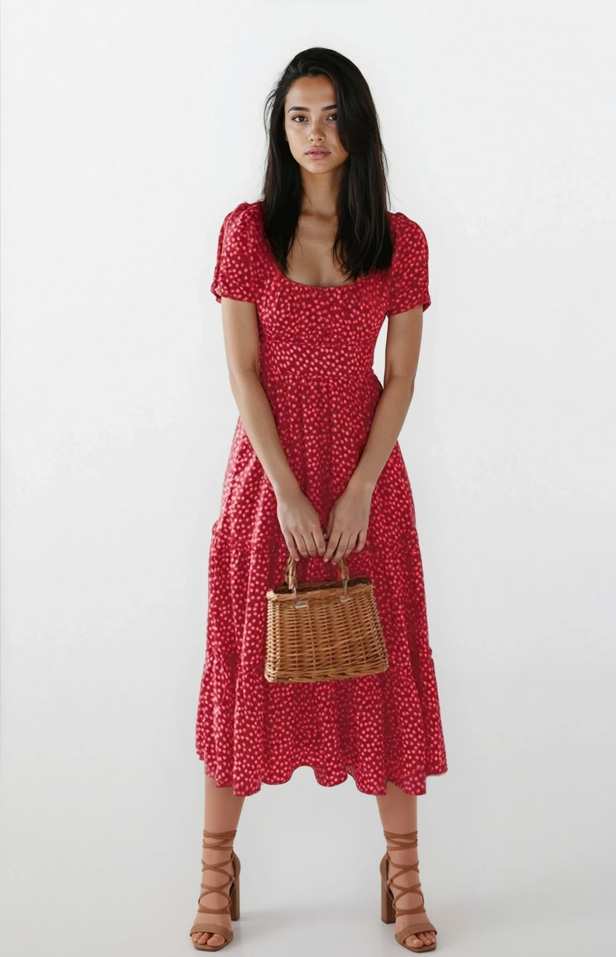 Blossom square neck midi dress with floral pattern and frill details