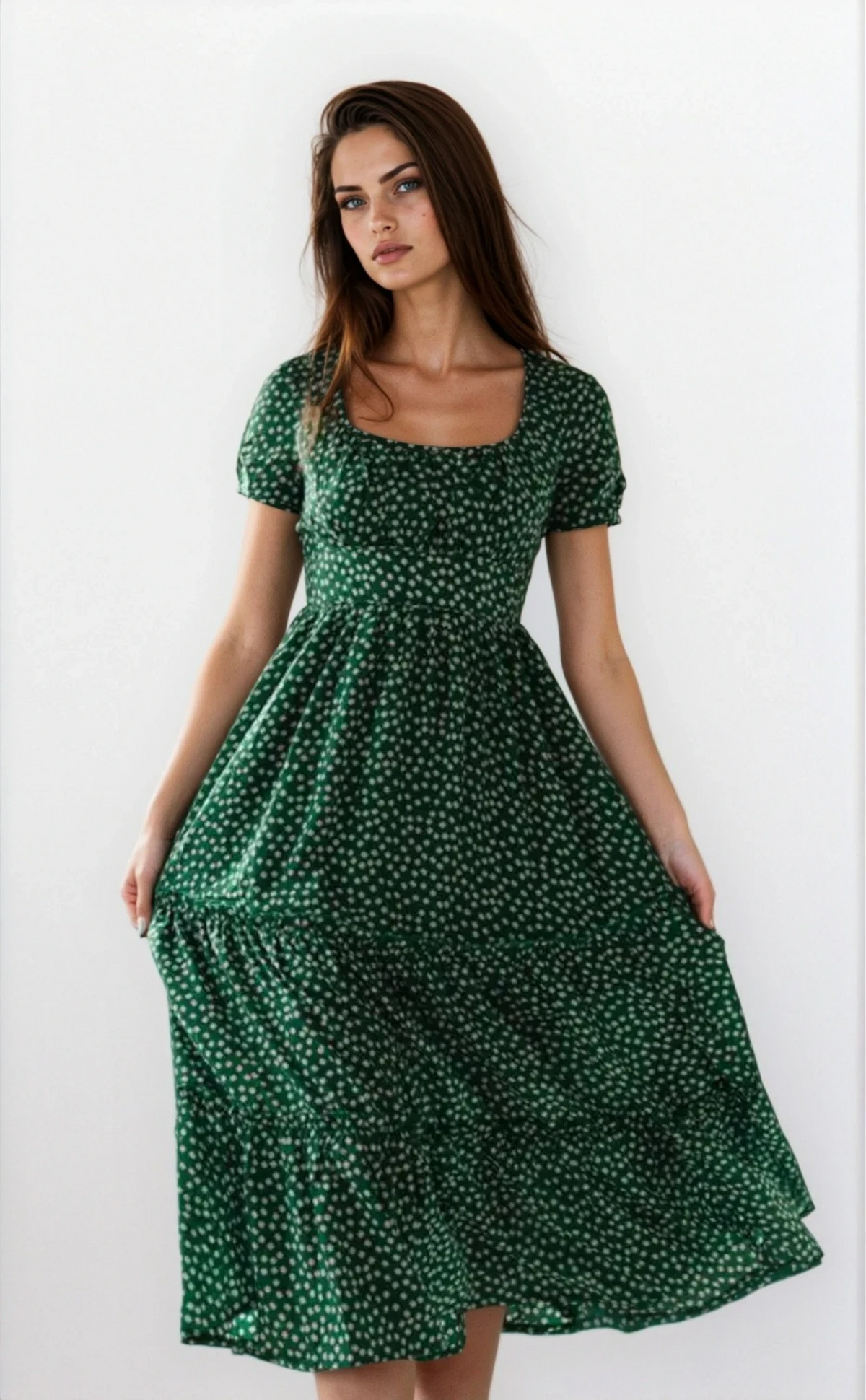 Blossom square neck midi dress with floral pattern and frill details