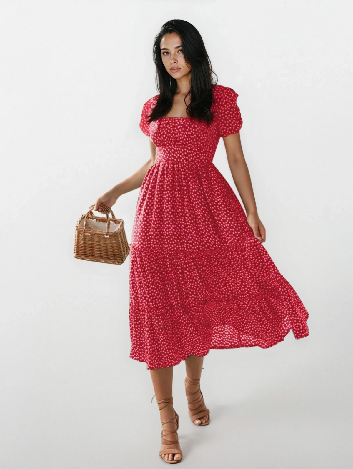 Blossom square neck midi dress with floral pattern and frill details