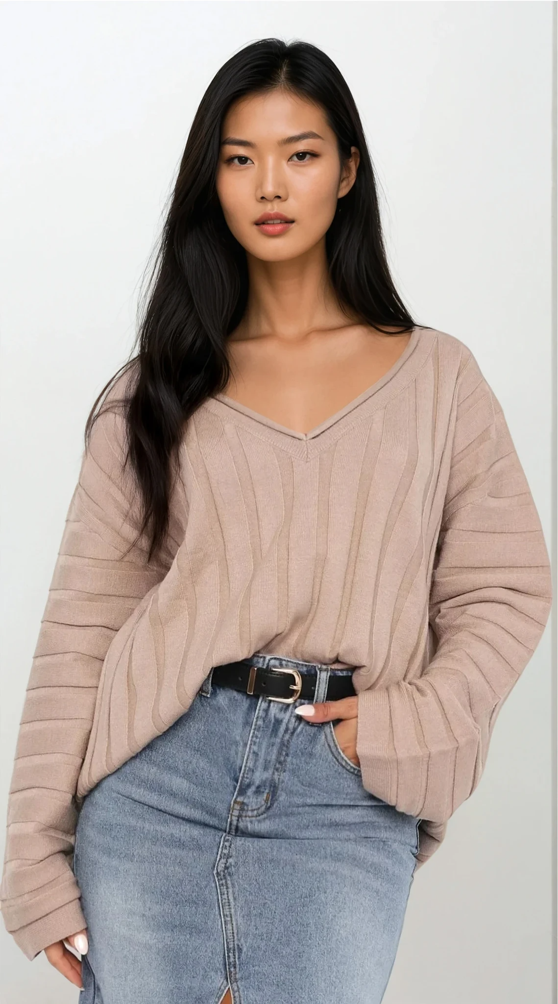 Blurred Lines oversized v-neck dropped shoulder sweater in solid color