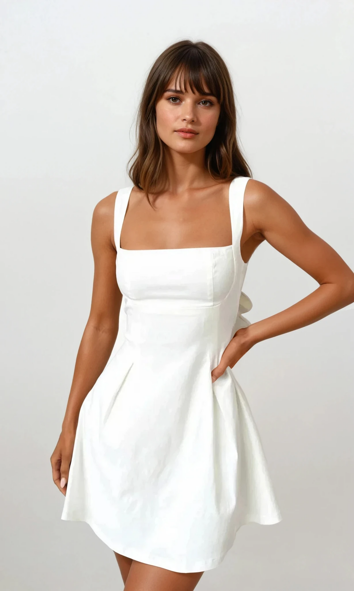 Bow back square neck mini dress in solid pattern