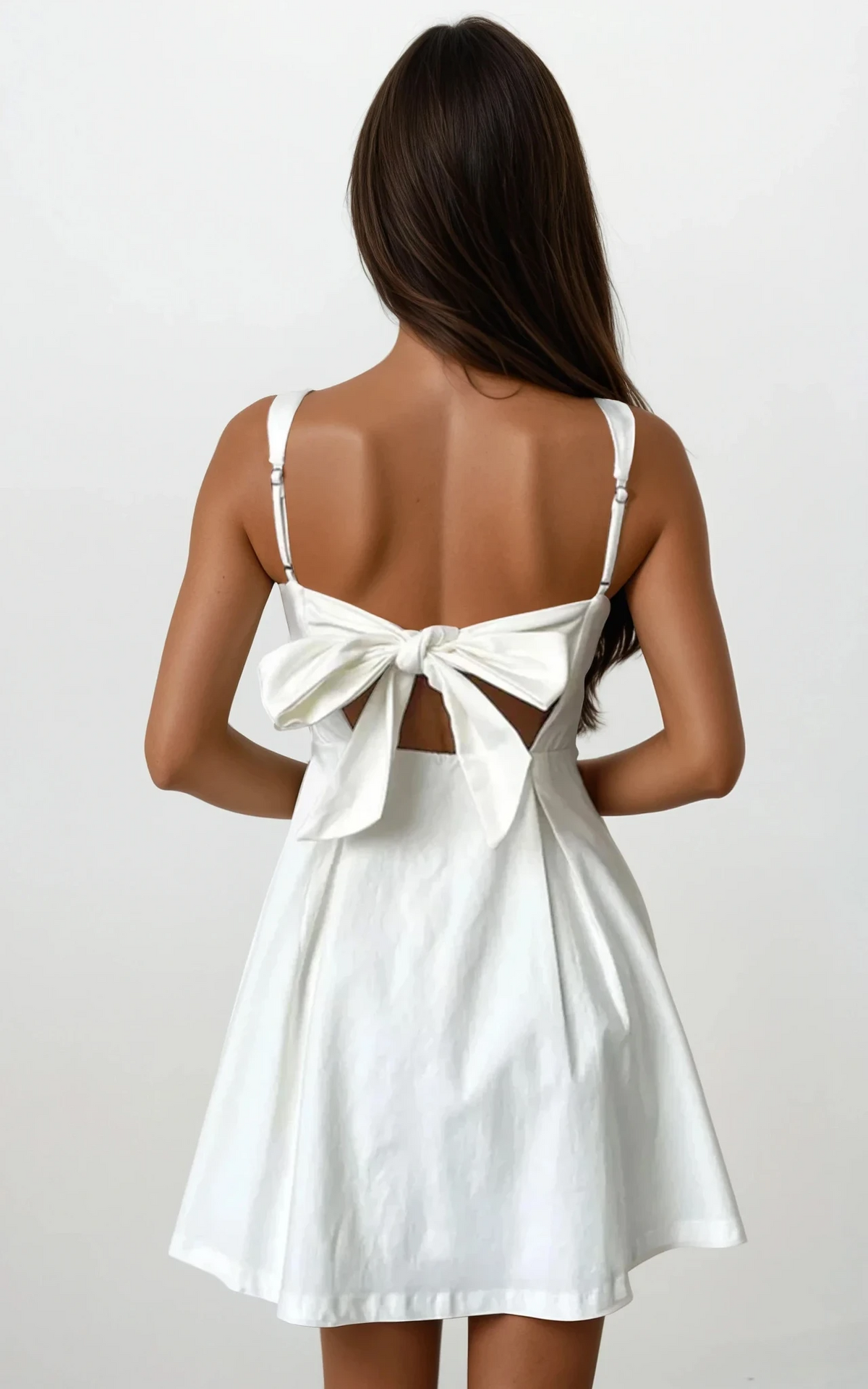 Black bow back square neck mini dress on model