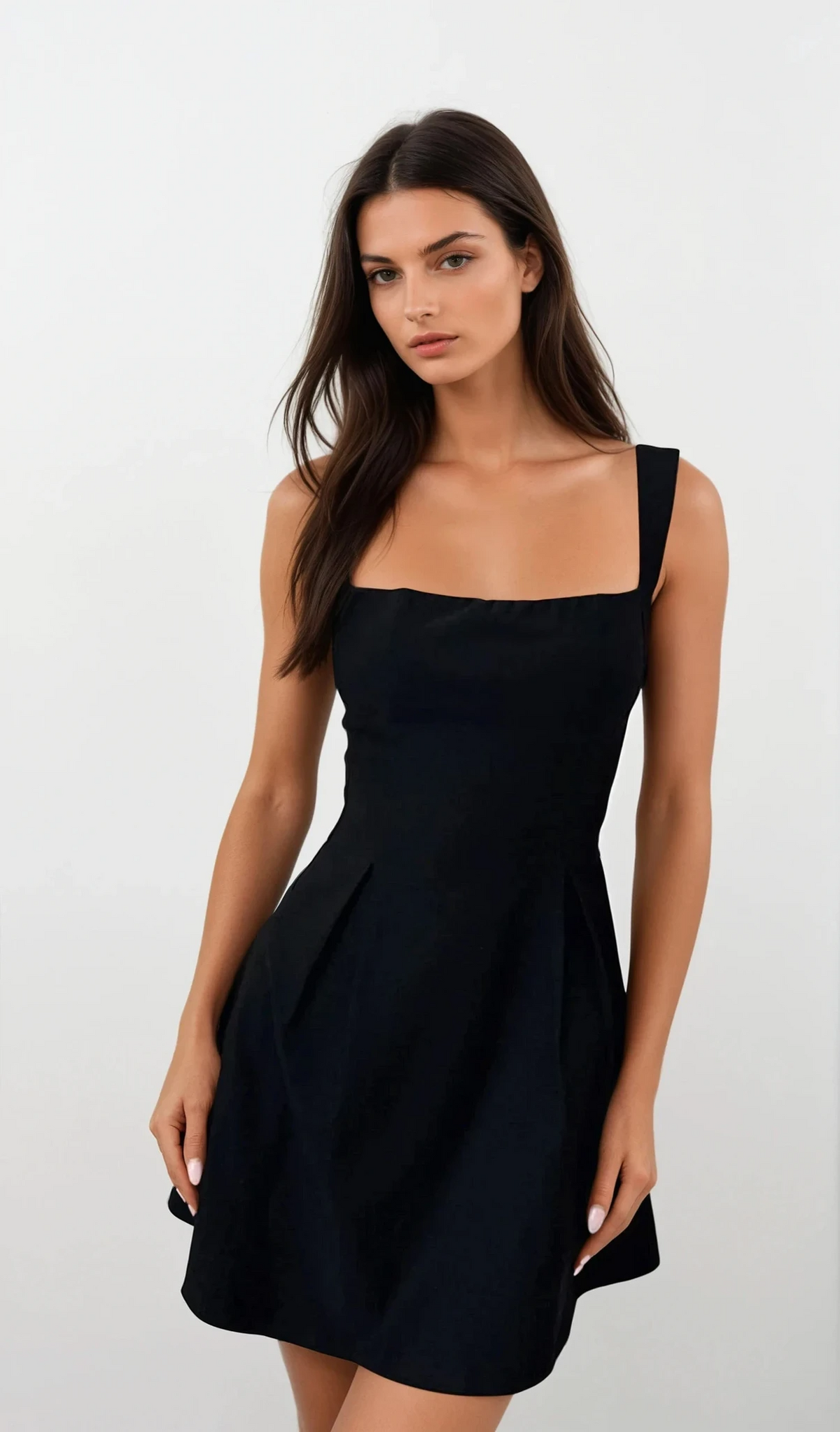 Black bow back square neck mini dress on model
