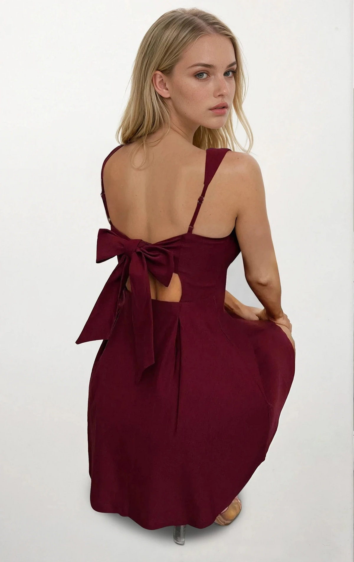 Bow back square neck mini dress in solid pattern