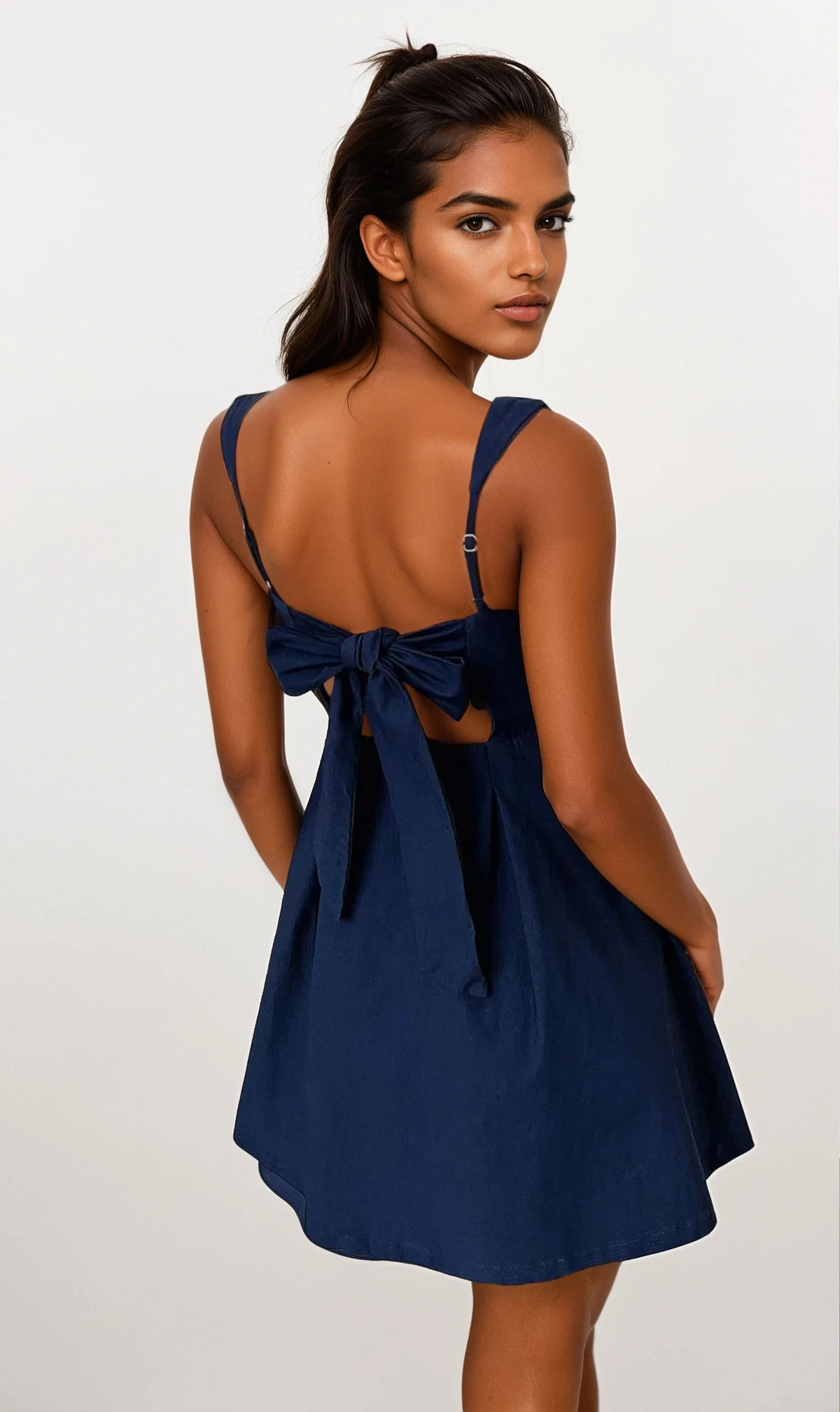 Bow back square neck mini dress in solid pattern