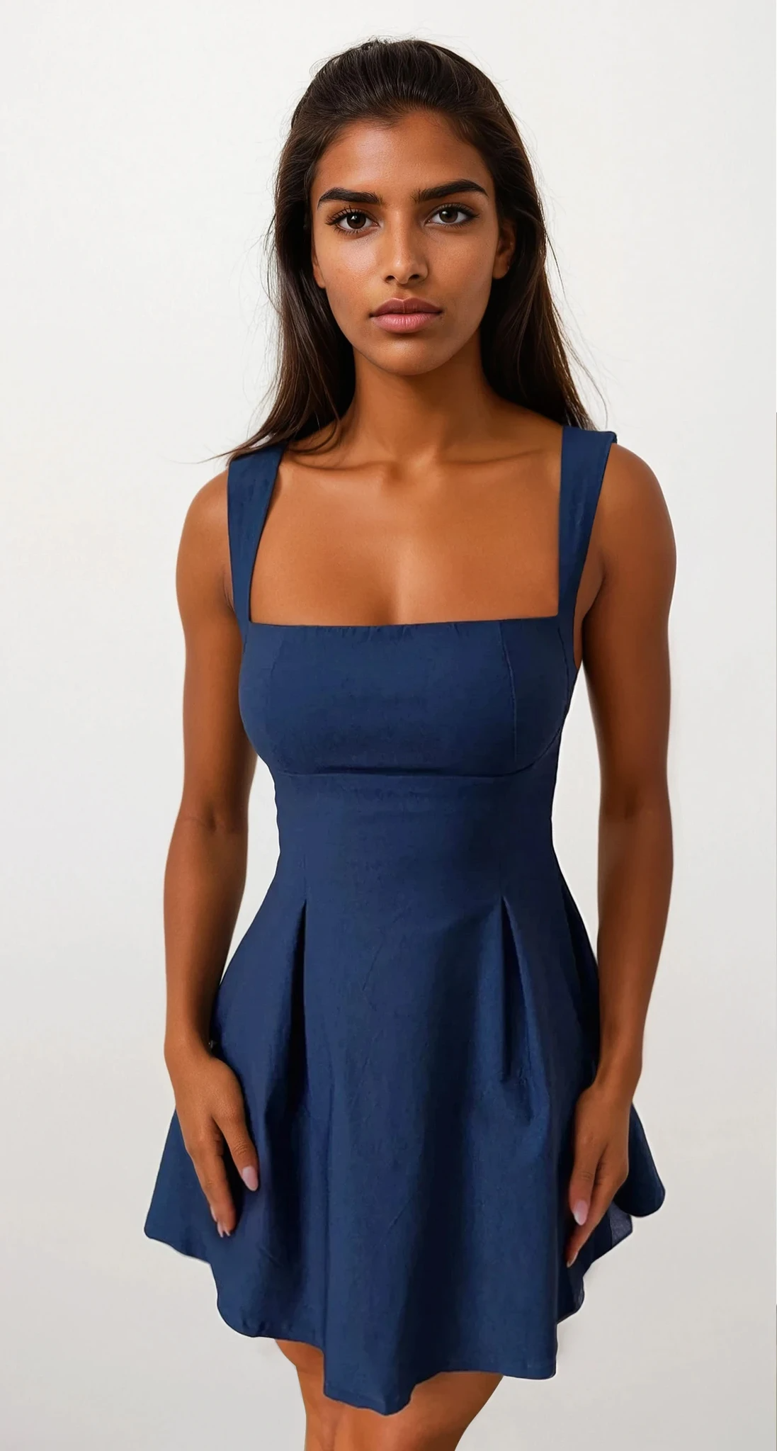 bow back square neck mini dress with solid pattern and stretch fabric