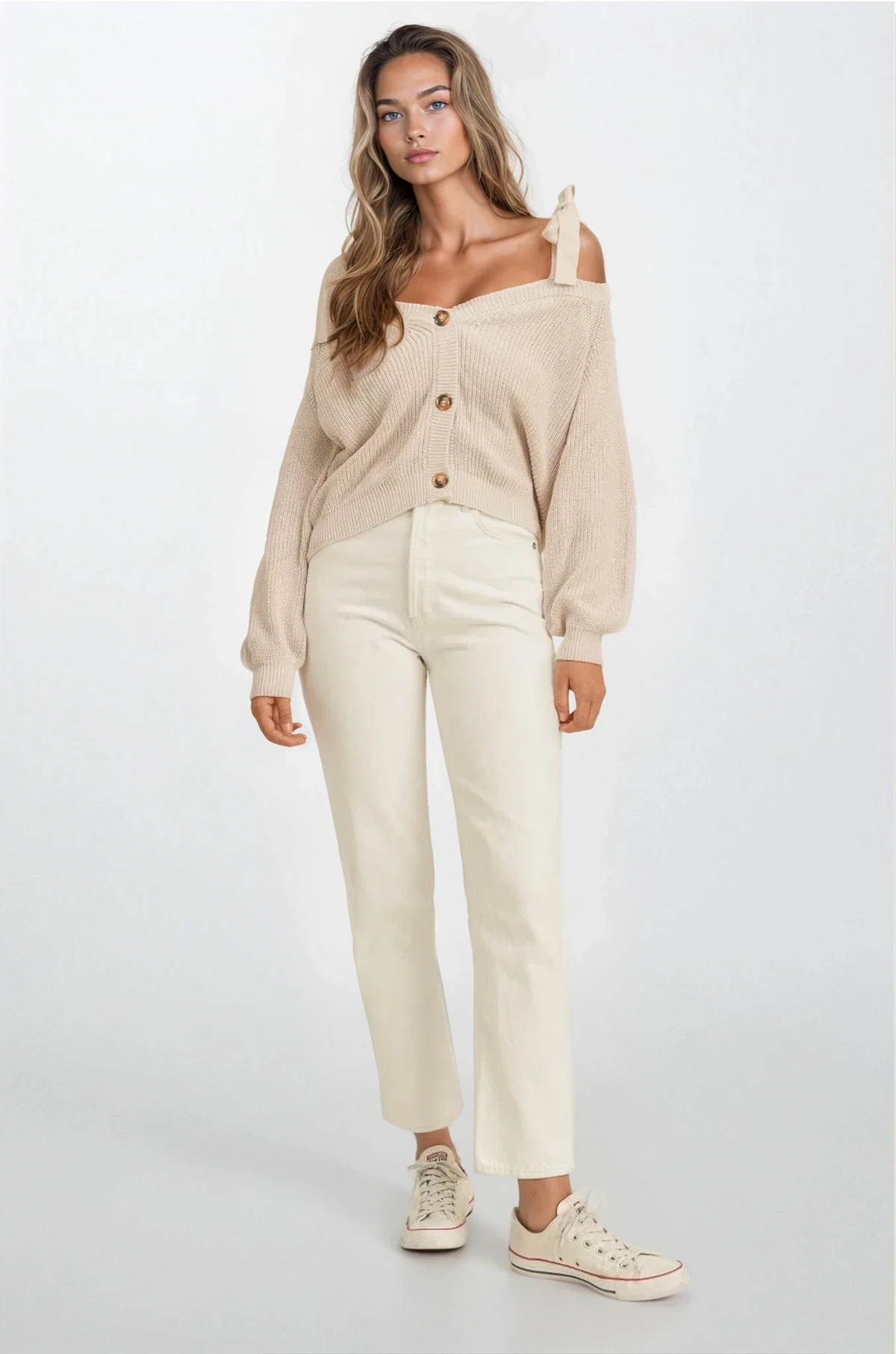 Bow off-shoulder neck rib-knit button-down sweater with long sleeves