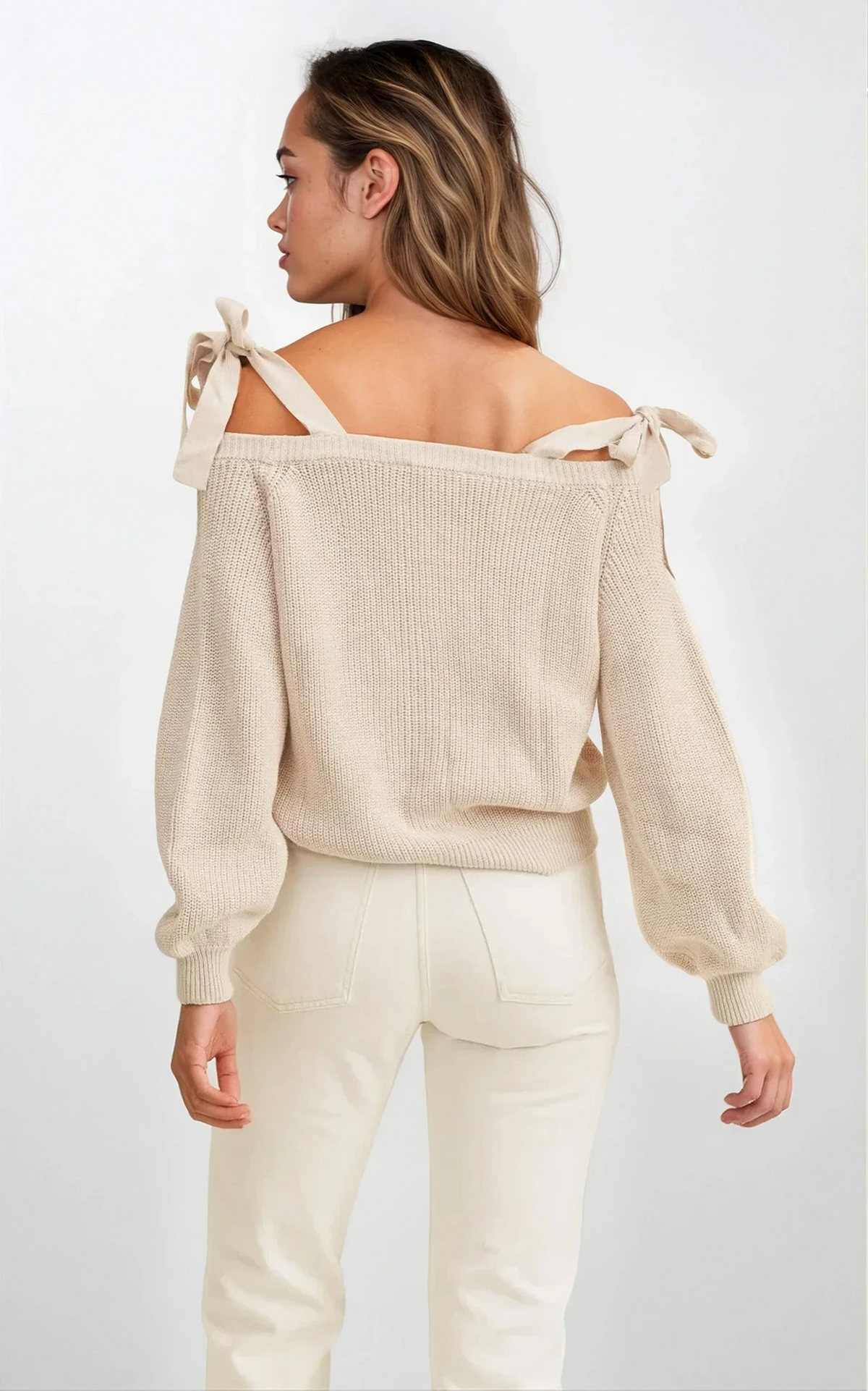 Bow off-shoulder neck rib-knit button-down sweater with long sleeves