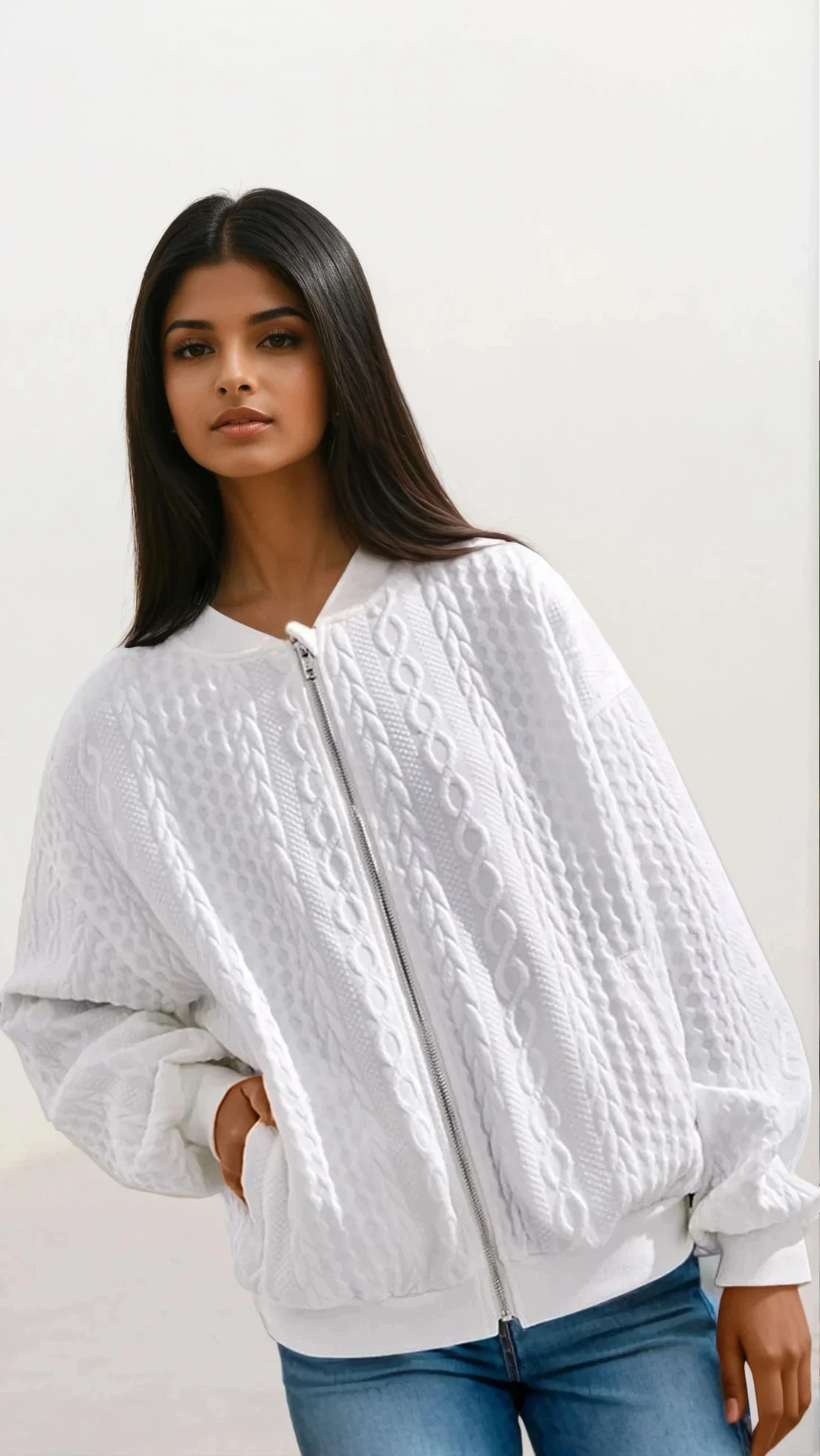 Brighter Days Knit full zip cable-knit jacket with dropped shoulders