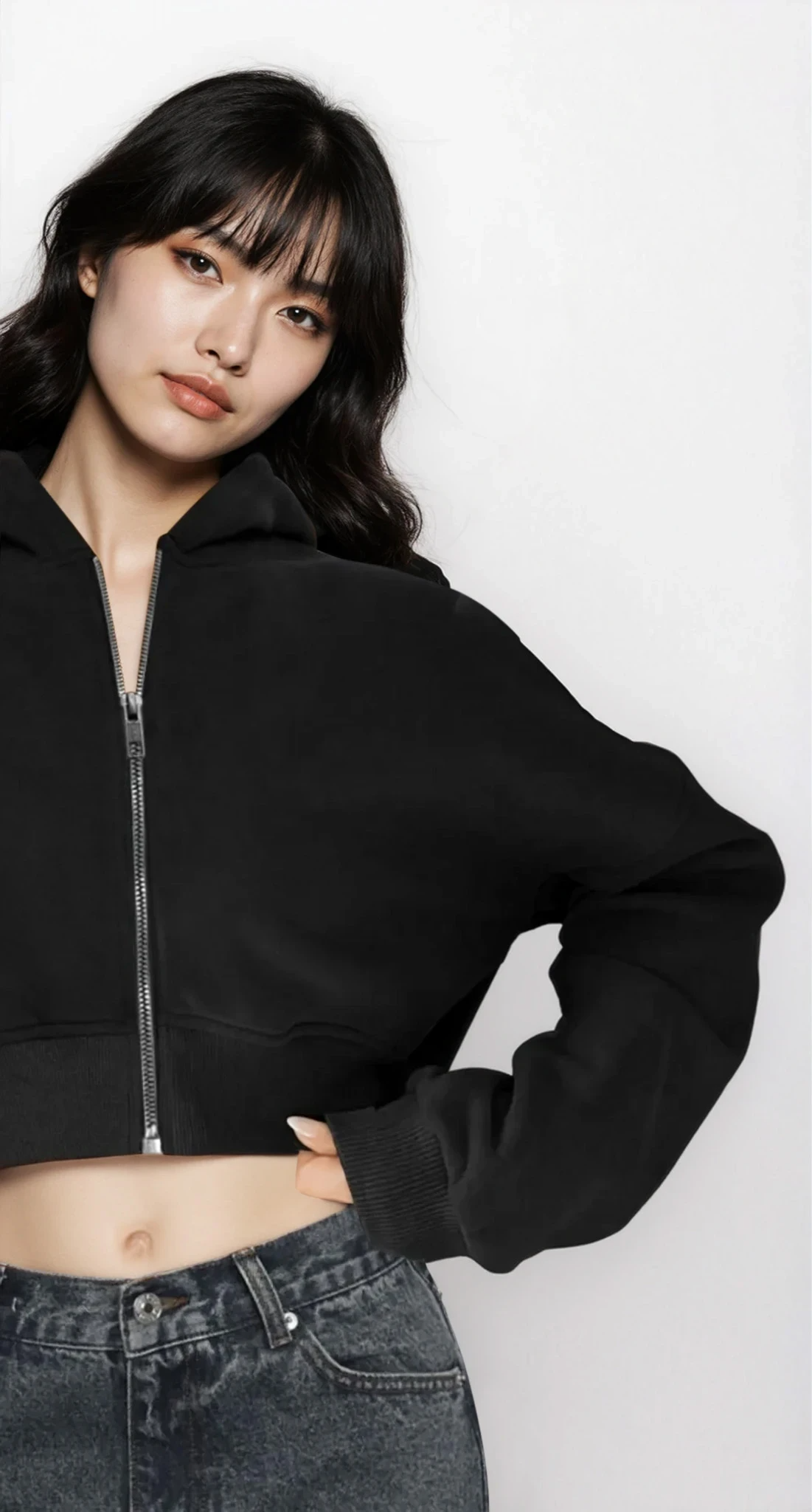 Light gray Downtown full zip cropped hoodie by Trendsi, featuring a stylish cropped fit and front zipper, casual streetwear style.