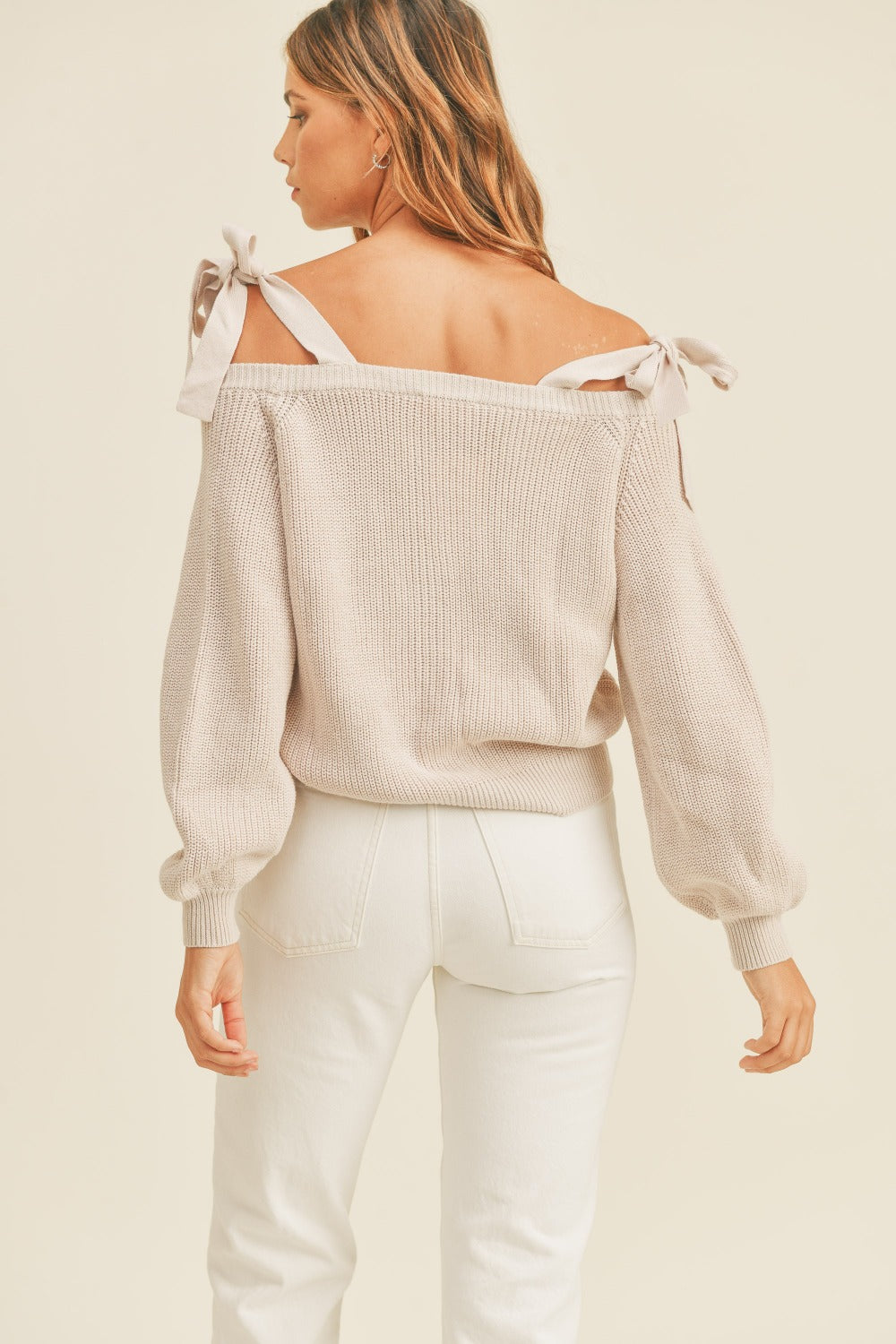 Bow Tie Off Shoulder Button Down Sweater