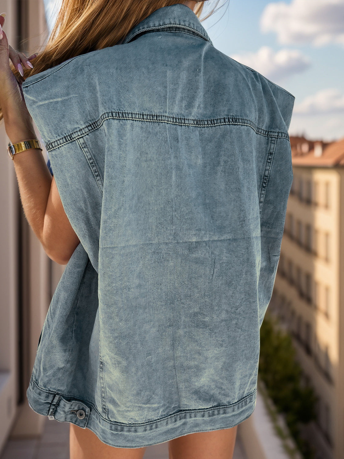 Oversized Collared Cap Sleeve Denim Vest