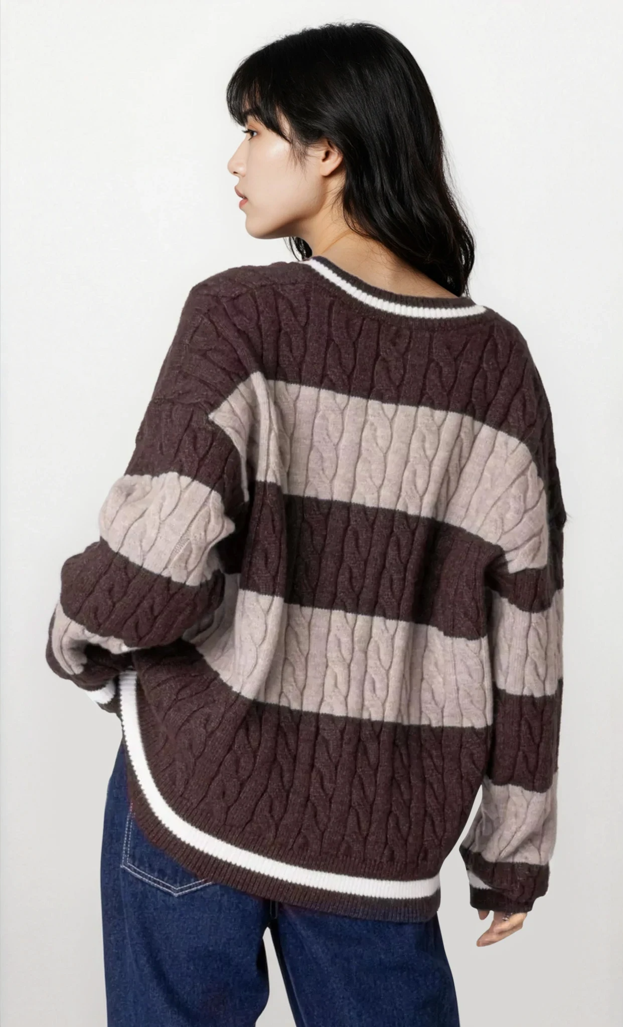 Oversized Striped Cable Knit V-Neck Sweater