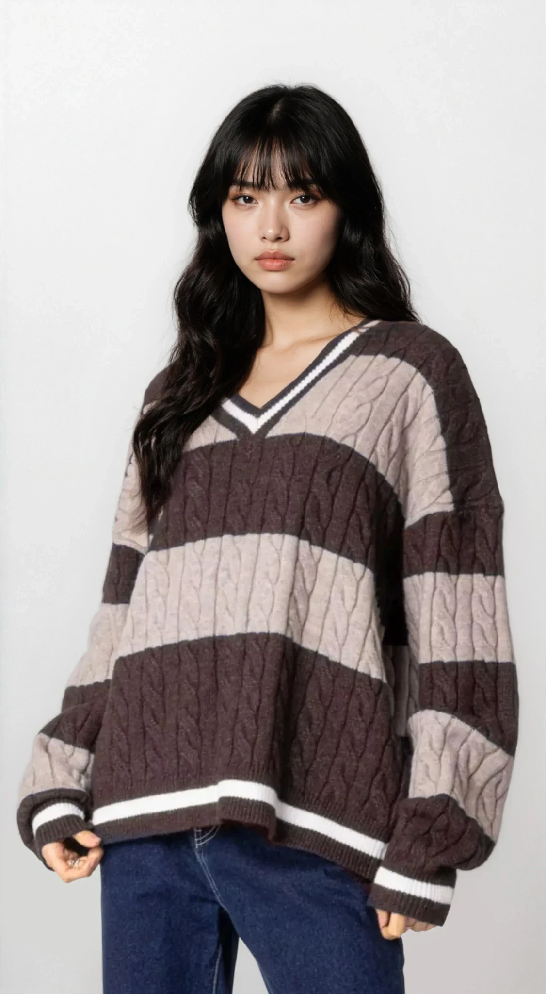 Oversized Striped Cable Knit V-Neck Sweater