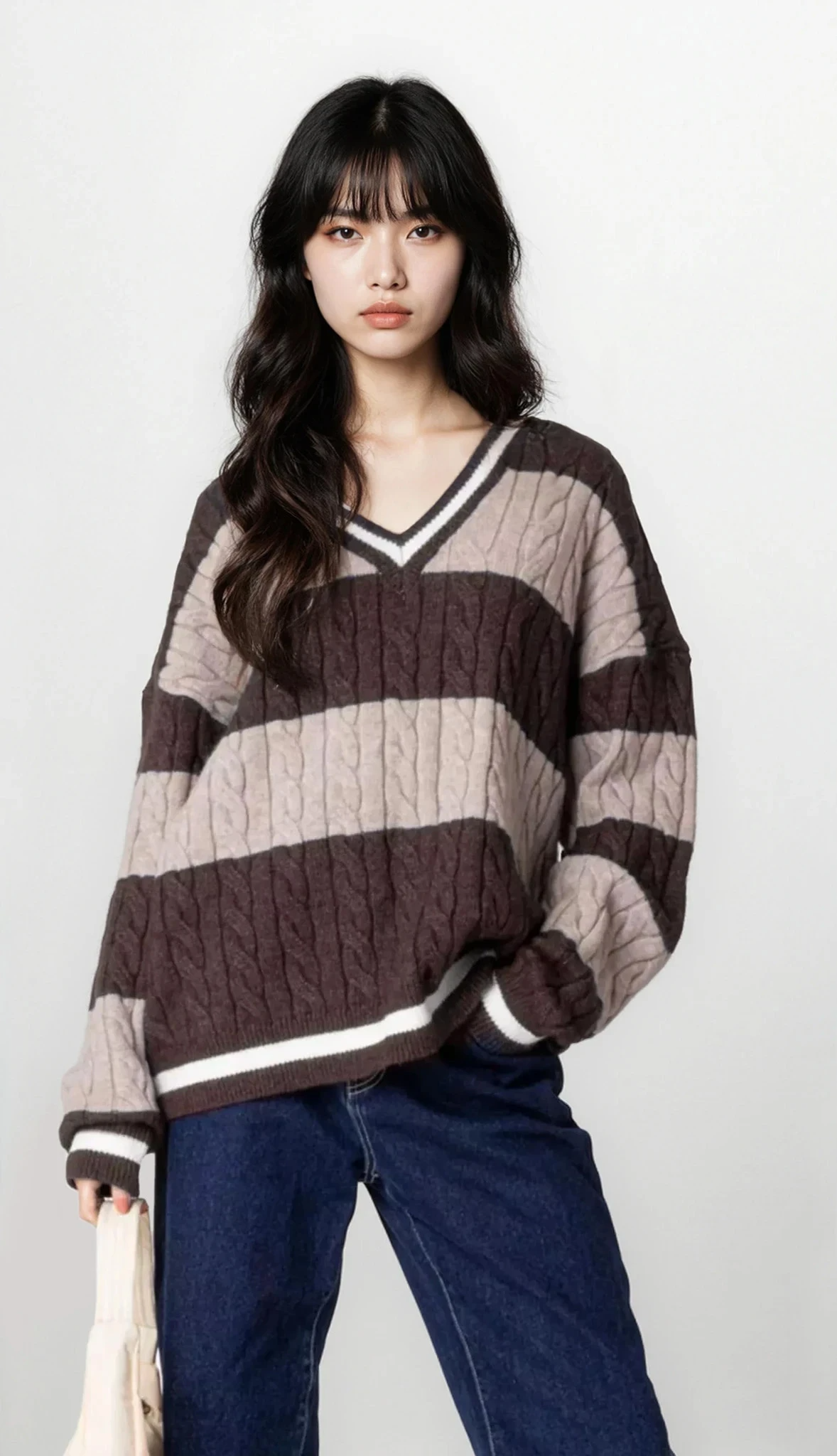 Oversized Striped Cable Knit V-Neck Sweater